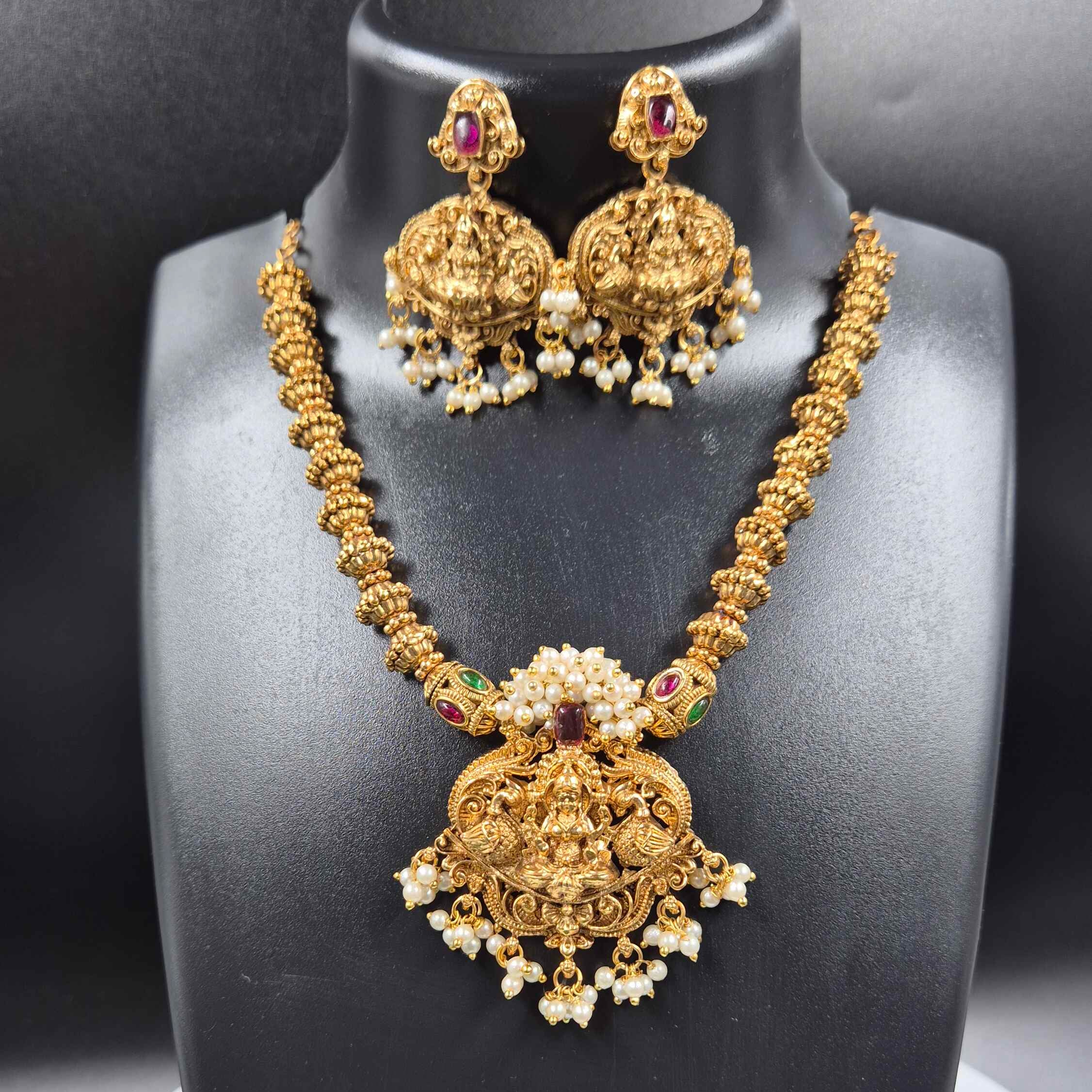 Lakshmi Pendant Temple Necklace Set with Pearl Jhumka Earrings
