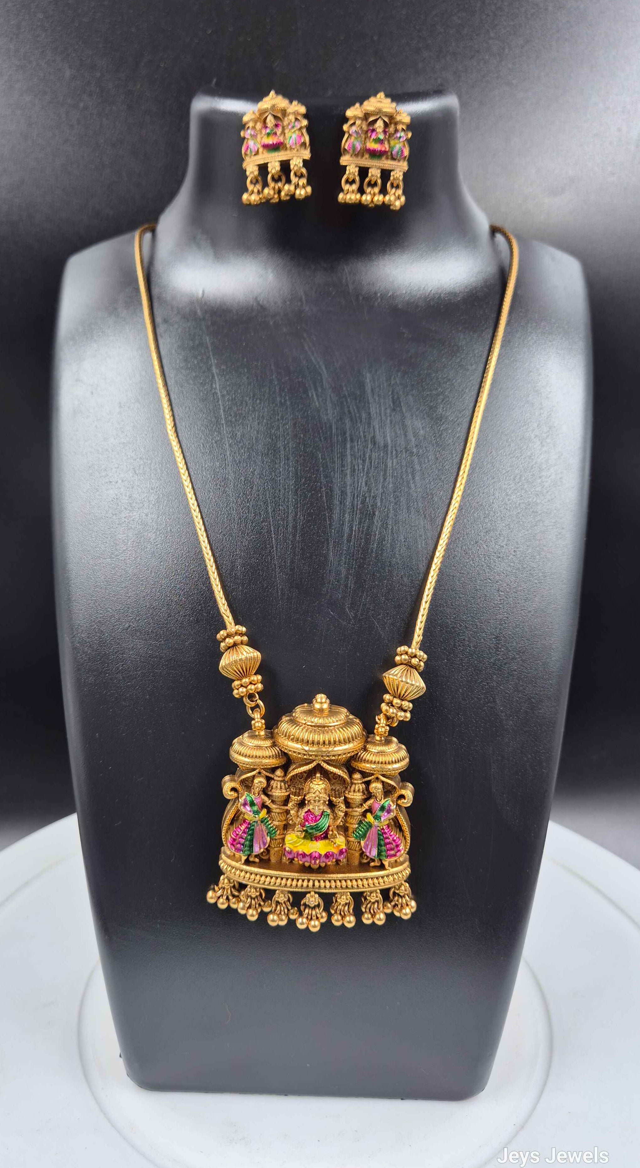 Lakshmi Temple Pendant Necklace Set with Colorful Stone Accents