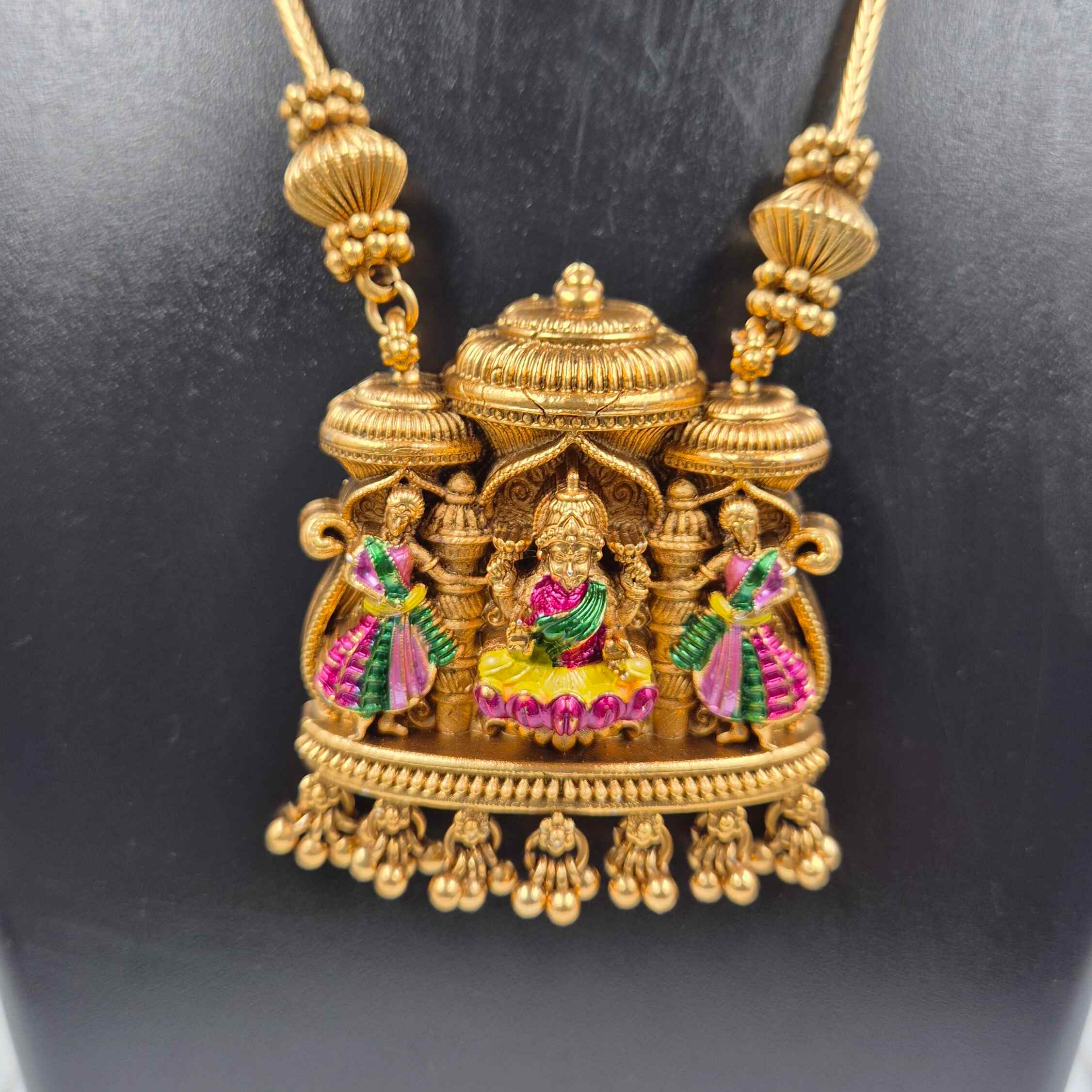 Lakshmi Temple Pendant Necklace Set with Colorful Stone Accents