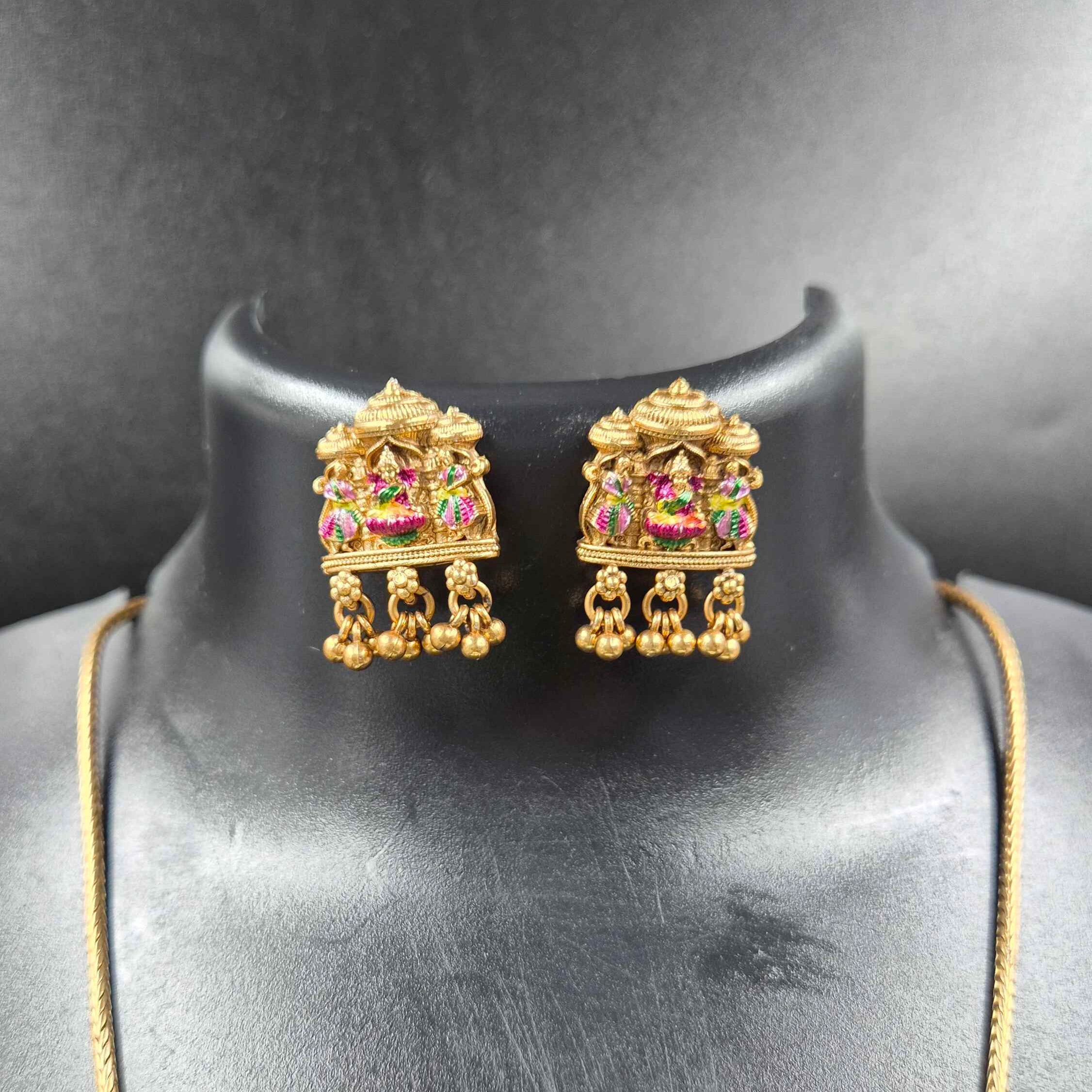 Lakshmi Temple Pendant Necklace Set with Colorful Stone Accents