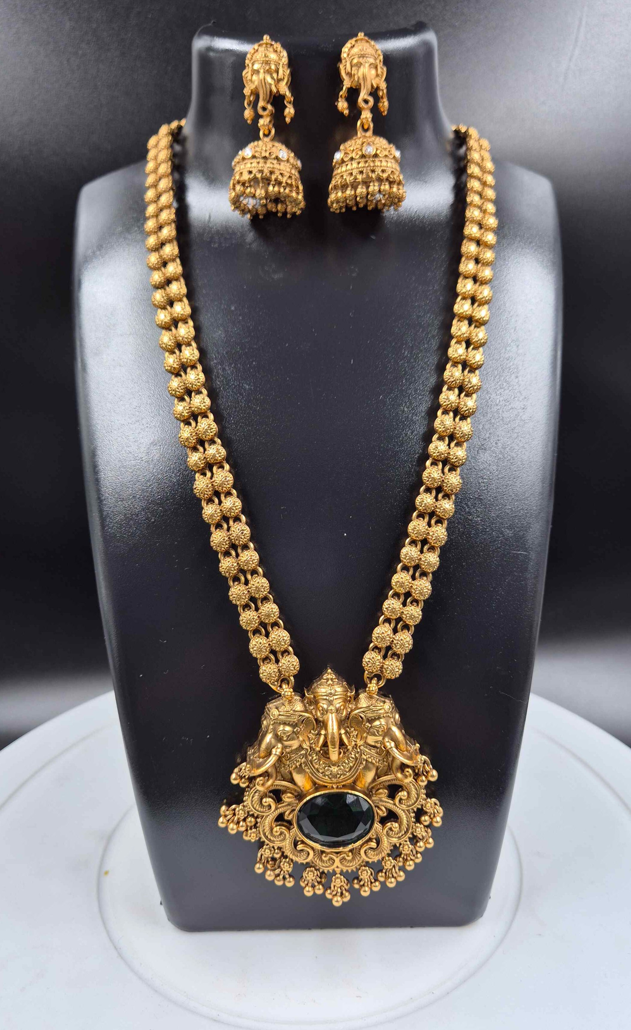Antique Gold Ganesha Haram  with green stone with Jhumka Earrings