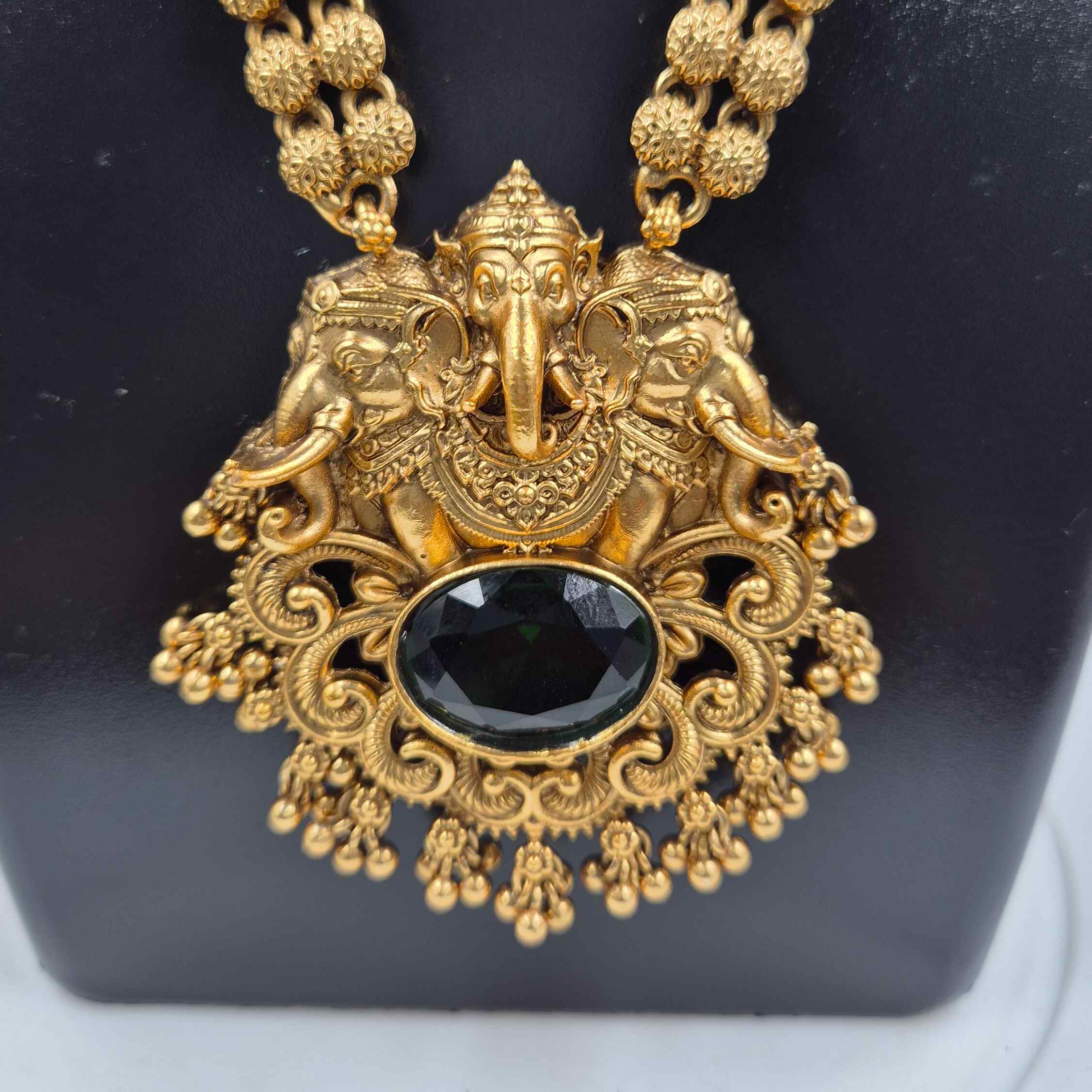 Antique Gold Ganesha Haram  with green stone with Jhumka Earrings