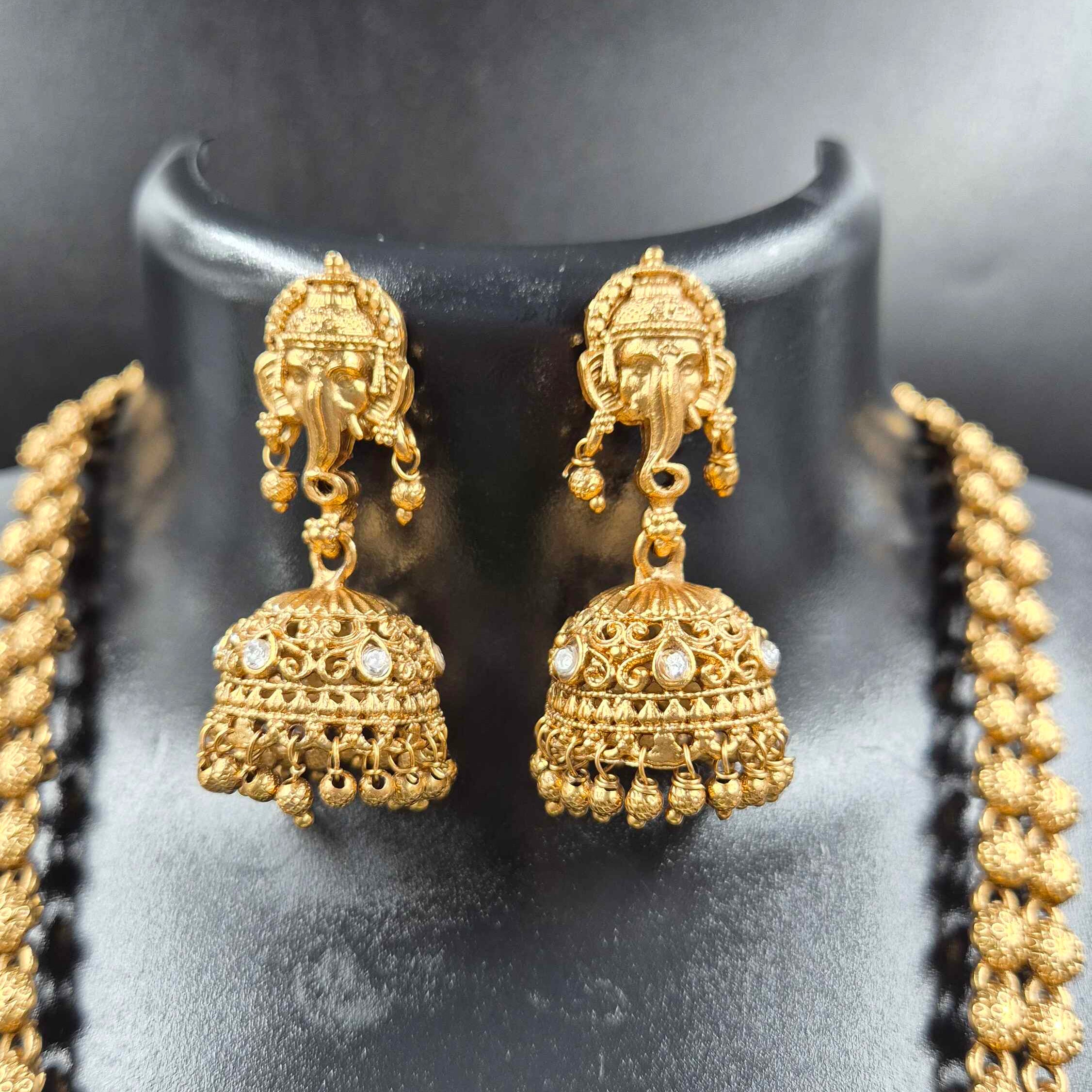 Antique Gold Ganesha Haram  with green stone with Jhumka Earrings