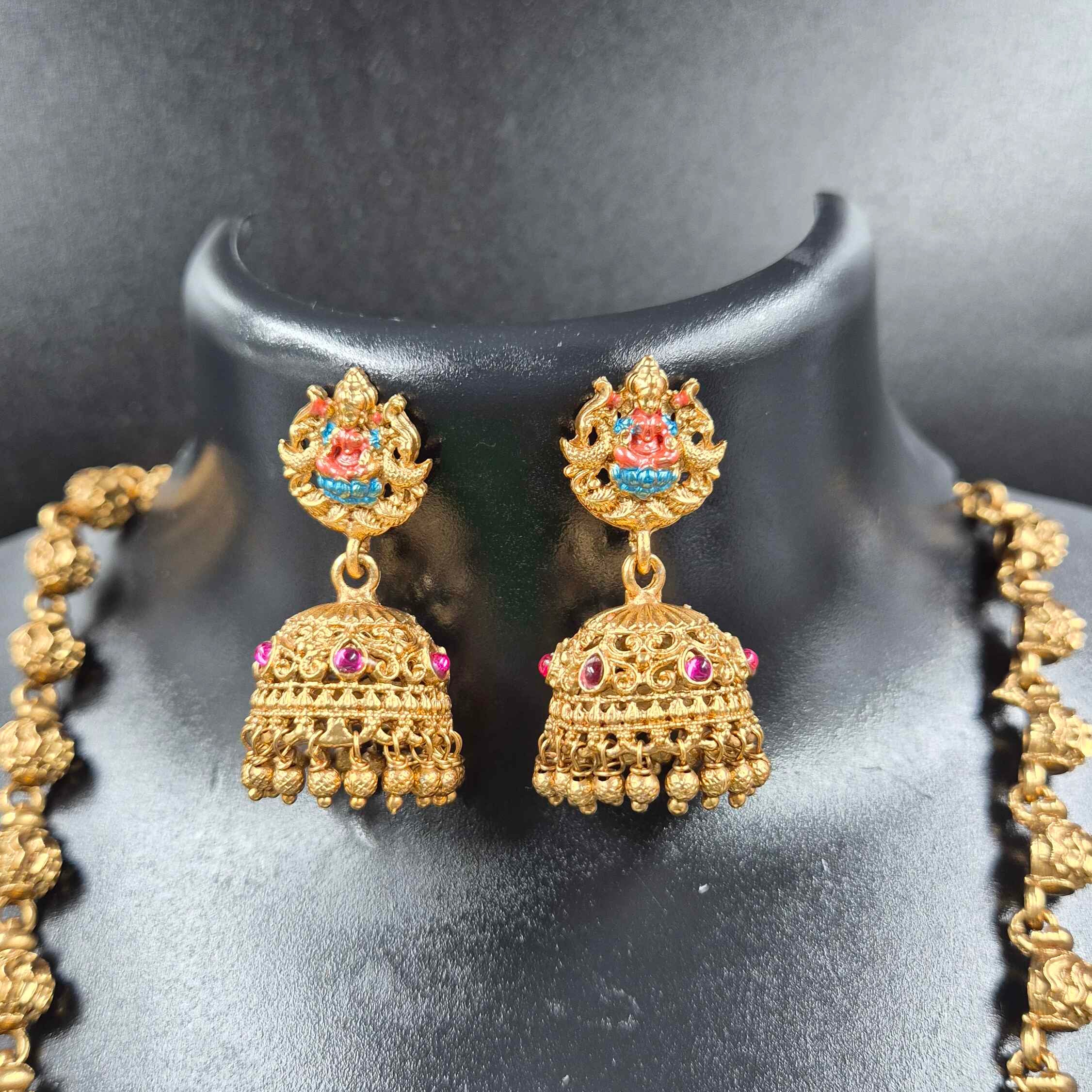 Antique Gold Lakshmi Pendant Necklace Set with Jhumkas