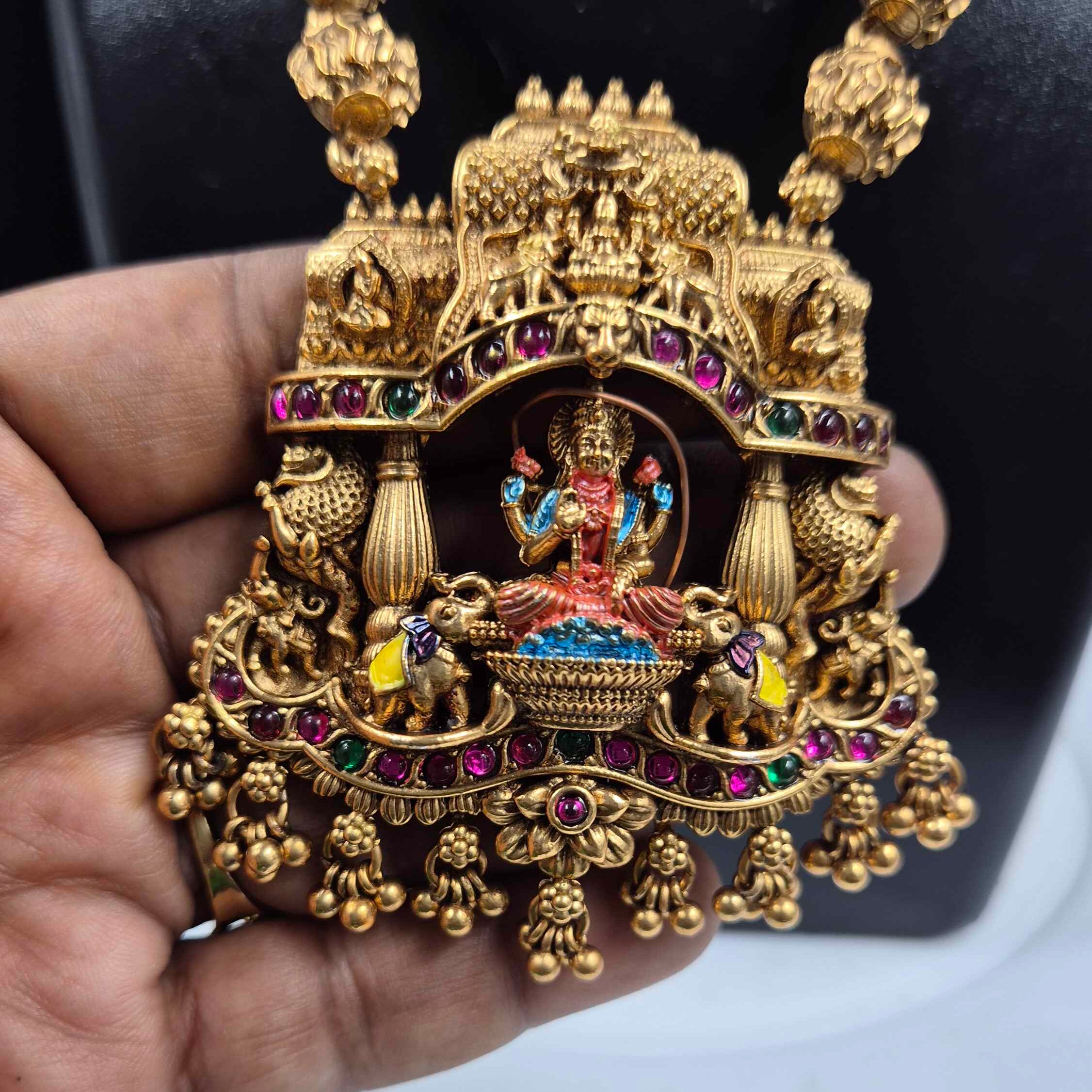 Antique Gold Lakshmi Pendant Necklace Set with Jhumkas