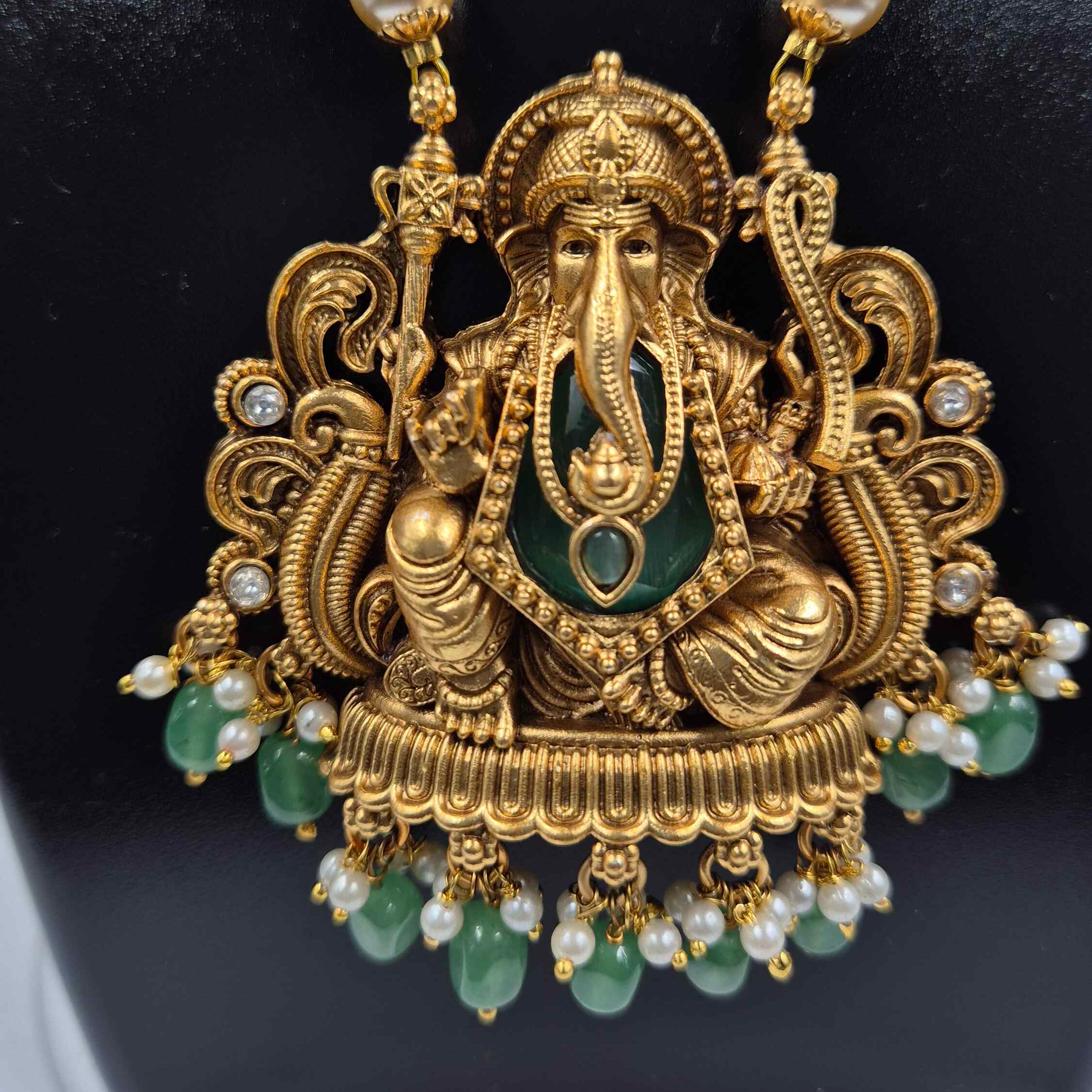 Antique Gold Ganesha Necklace with Green Beads & Jhumkas