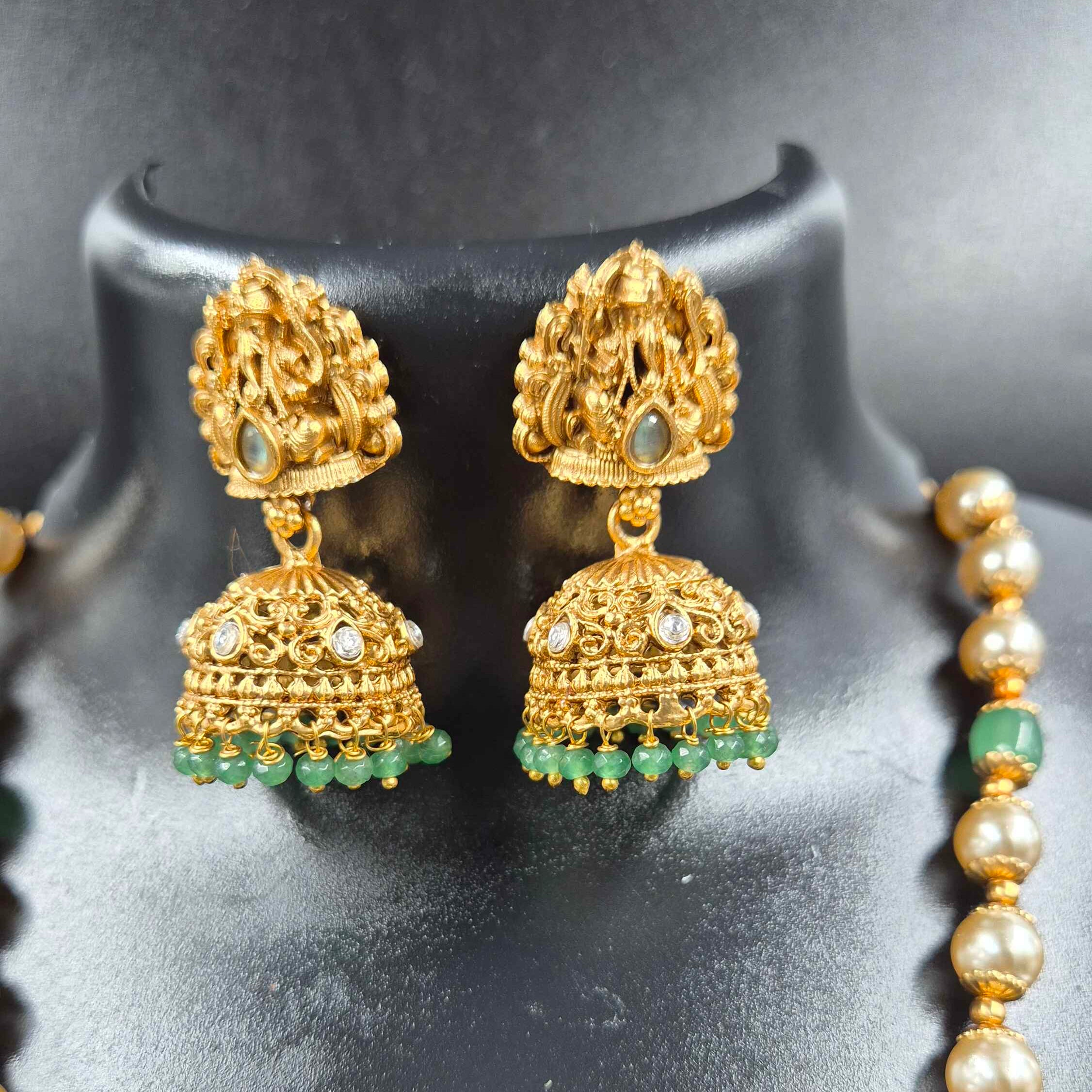 Antique Gold Ganesha Necklace with Green Beads & Jhumkas