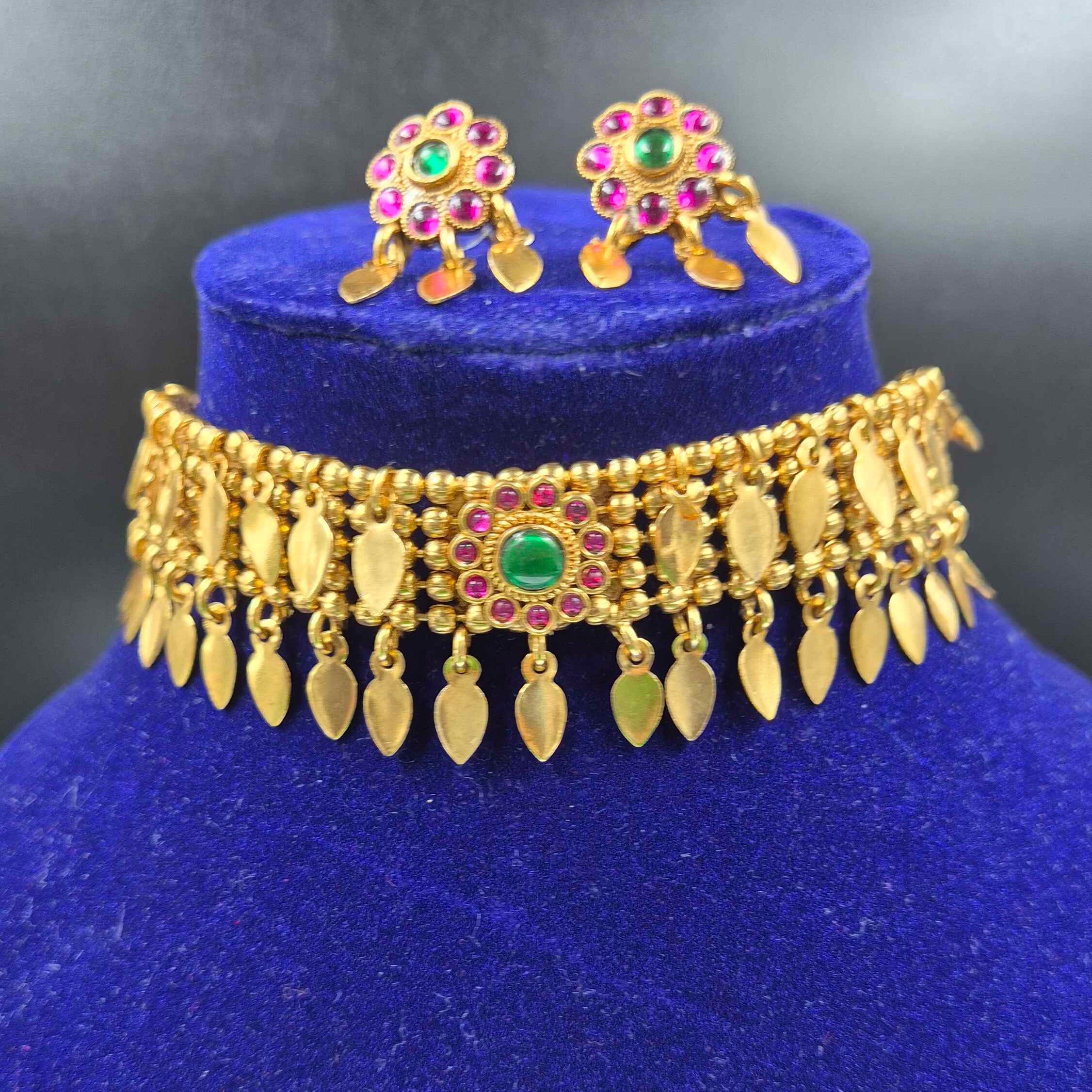 Traditional Kerala style Gold Finish elakkathali  Choker Necklace with Green & Pink Stones