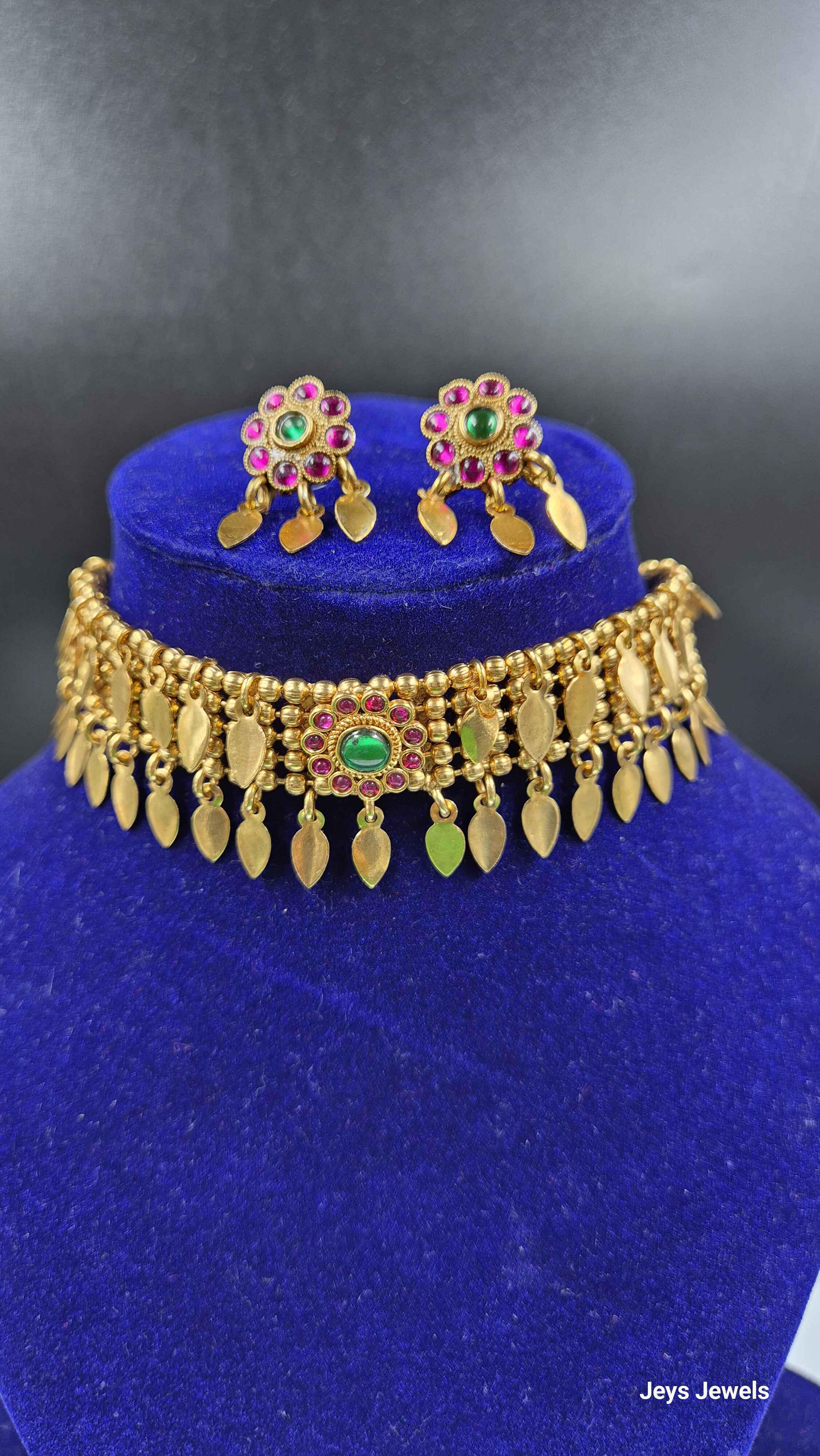Traditional Kerala style Gold Finish elakkathali  Choker Necklace with Green & Pink Stones