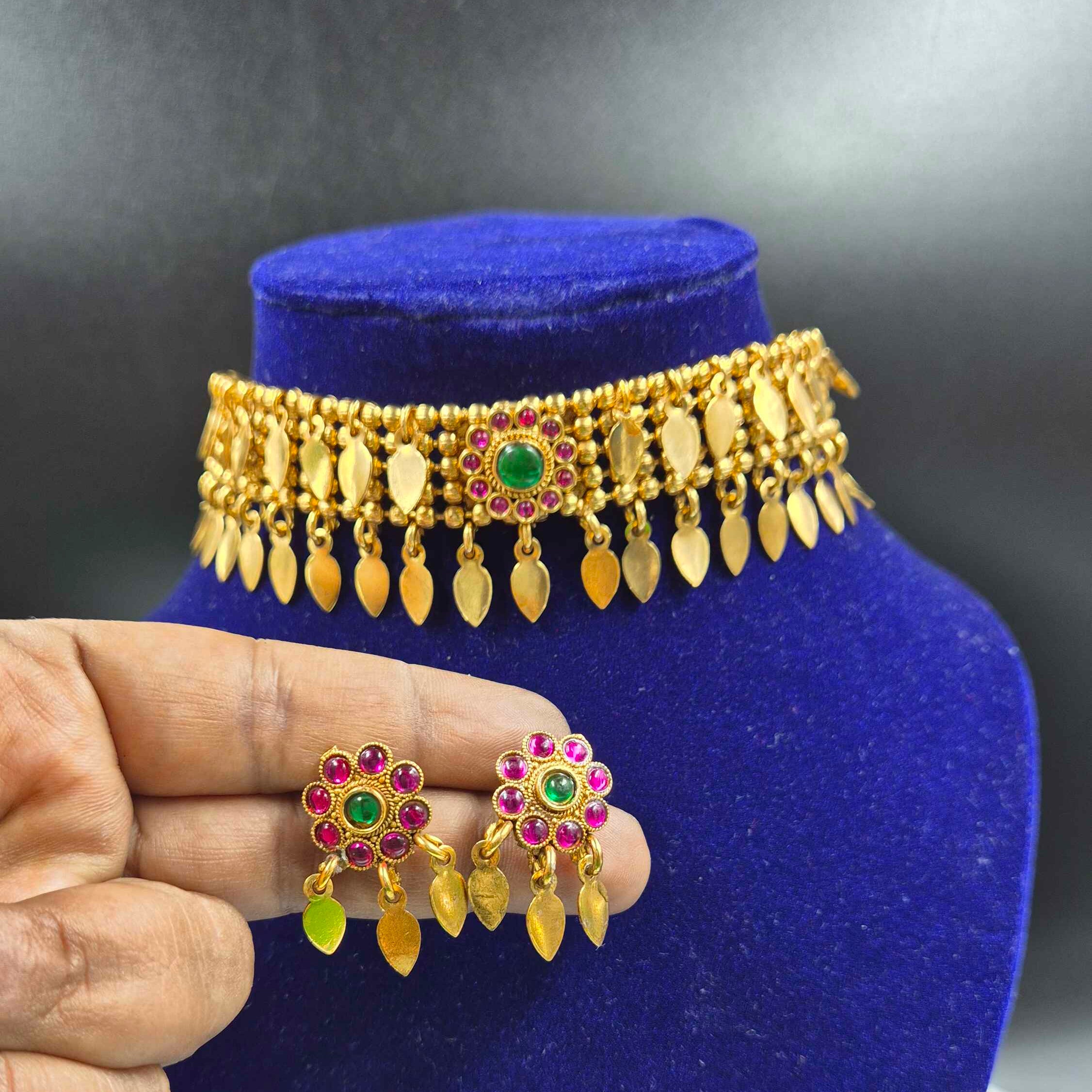 Traditional Kerala style Gold Finish elakkathali  Choker Necklace with Green & Pink Stones