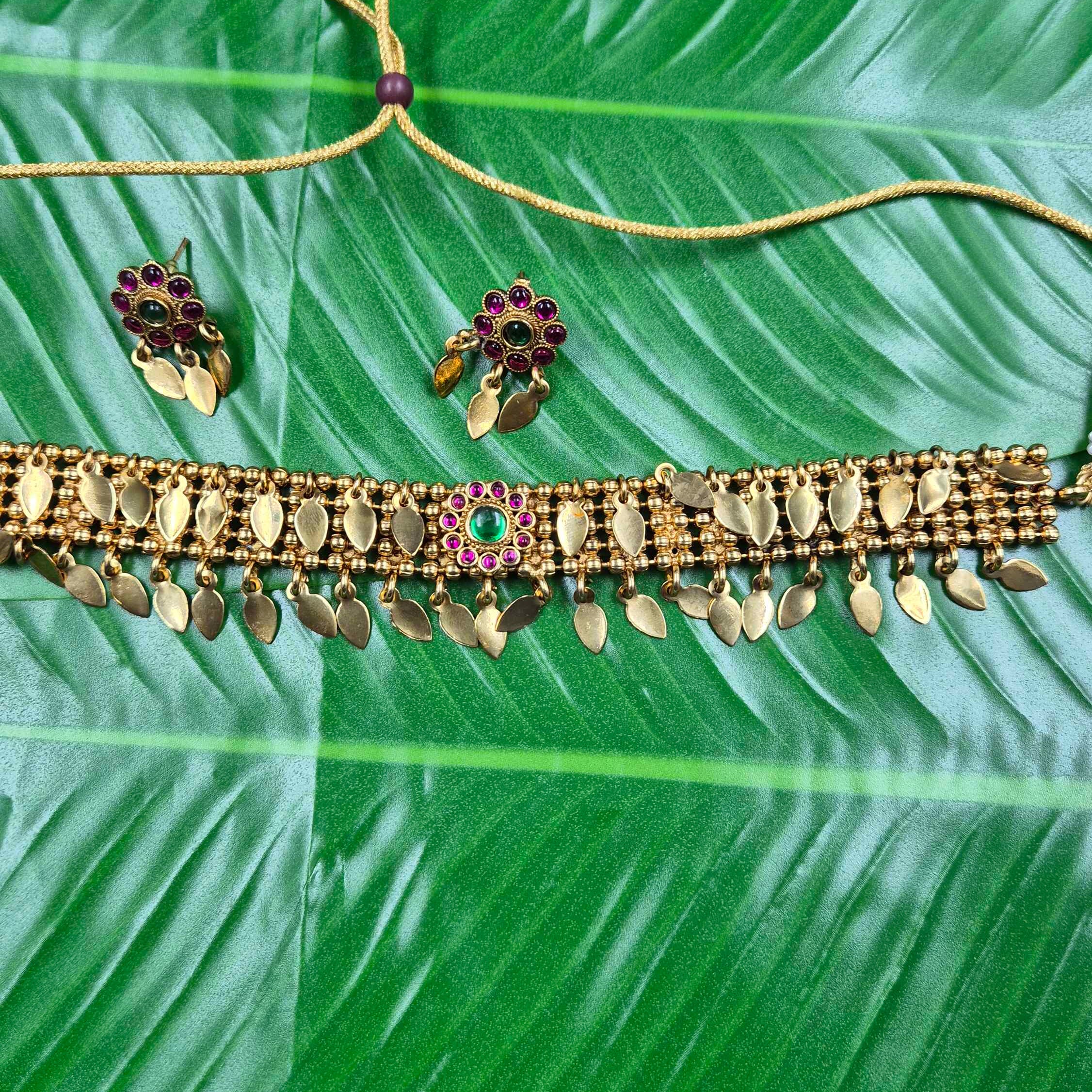 Traditional Kerala style Gold Finish elakkathali  Choker Necklace with Green & Pink Stones