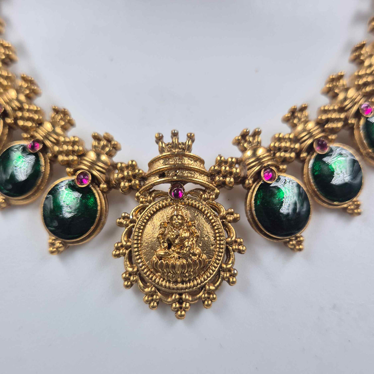 Kerala traditional Green pallakka  Stone Lakshmi Temple Necklace Set | Gold Finish