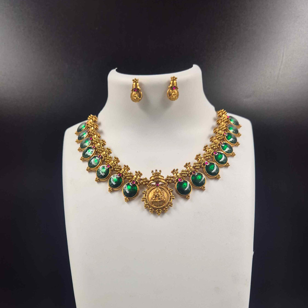 Kerala traditional Green pallakka  Stone Lakshmi Temple Necklace Set | Gold Finish