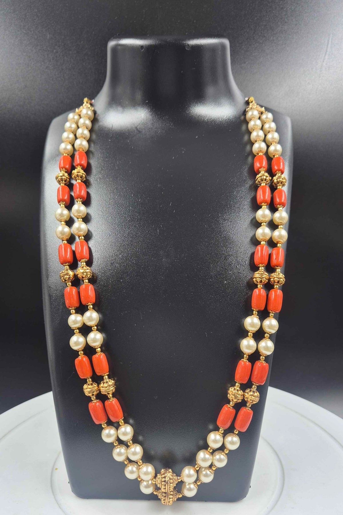 Coral  orange & Pearl Long Necklace