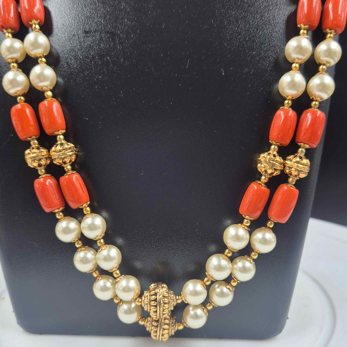 Coral  orange & Pearl Long Necklace