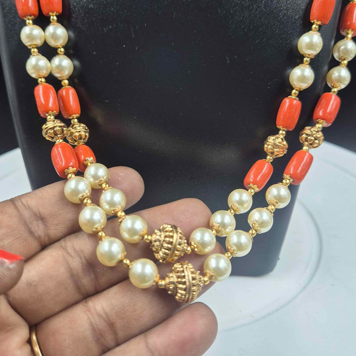 Coral  orange & Pearl Long Necklace
