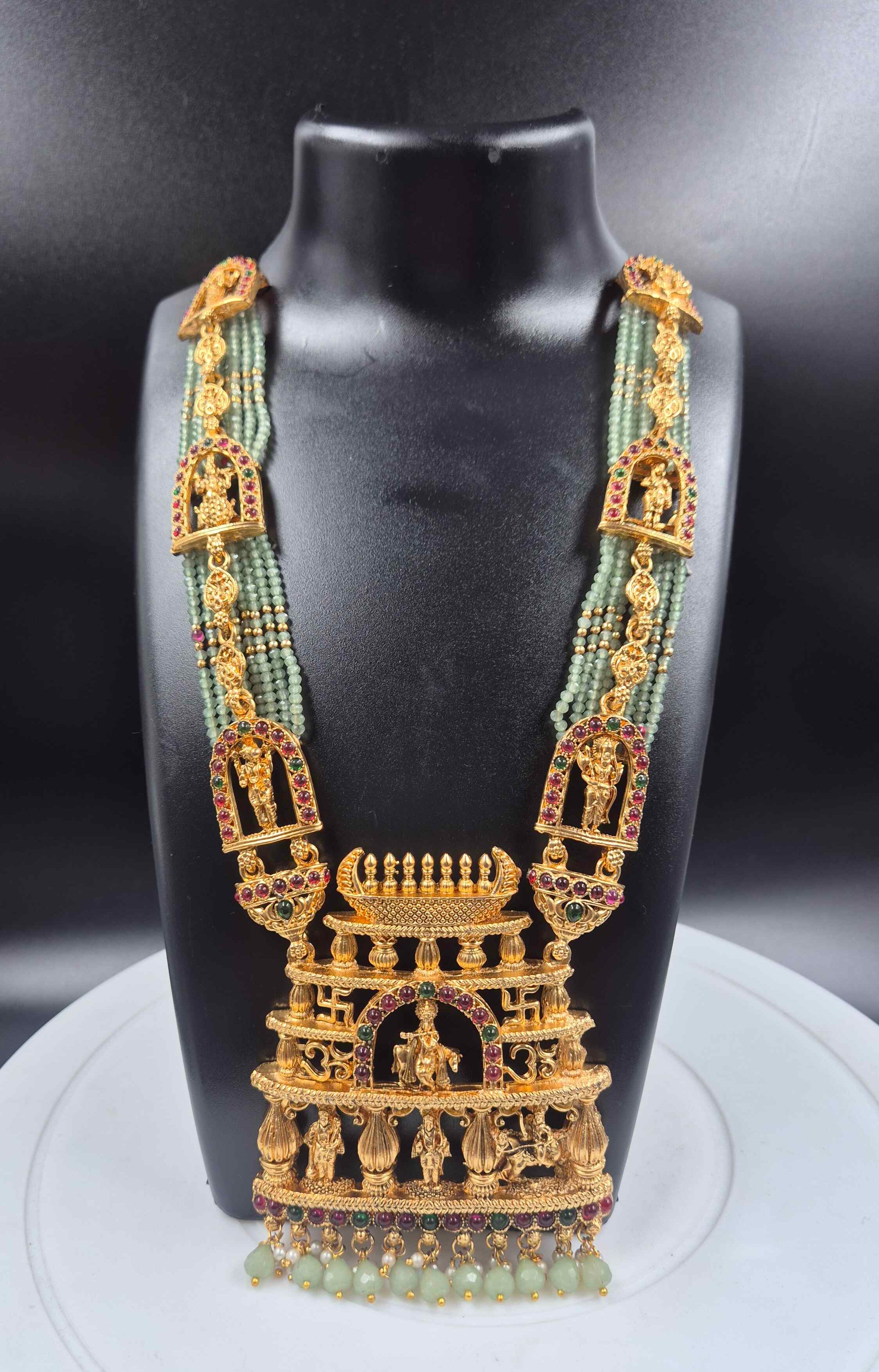 Grand Krishna Deity Temple pendant set with mint green beads and mugappu