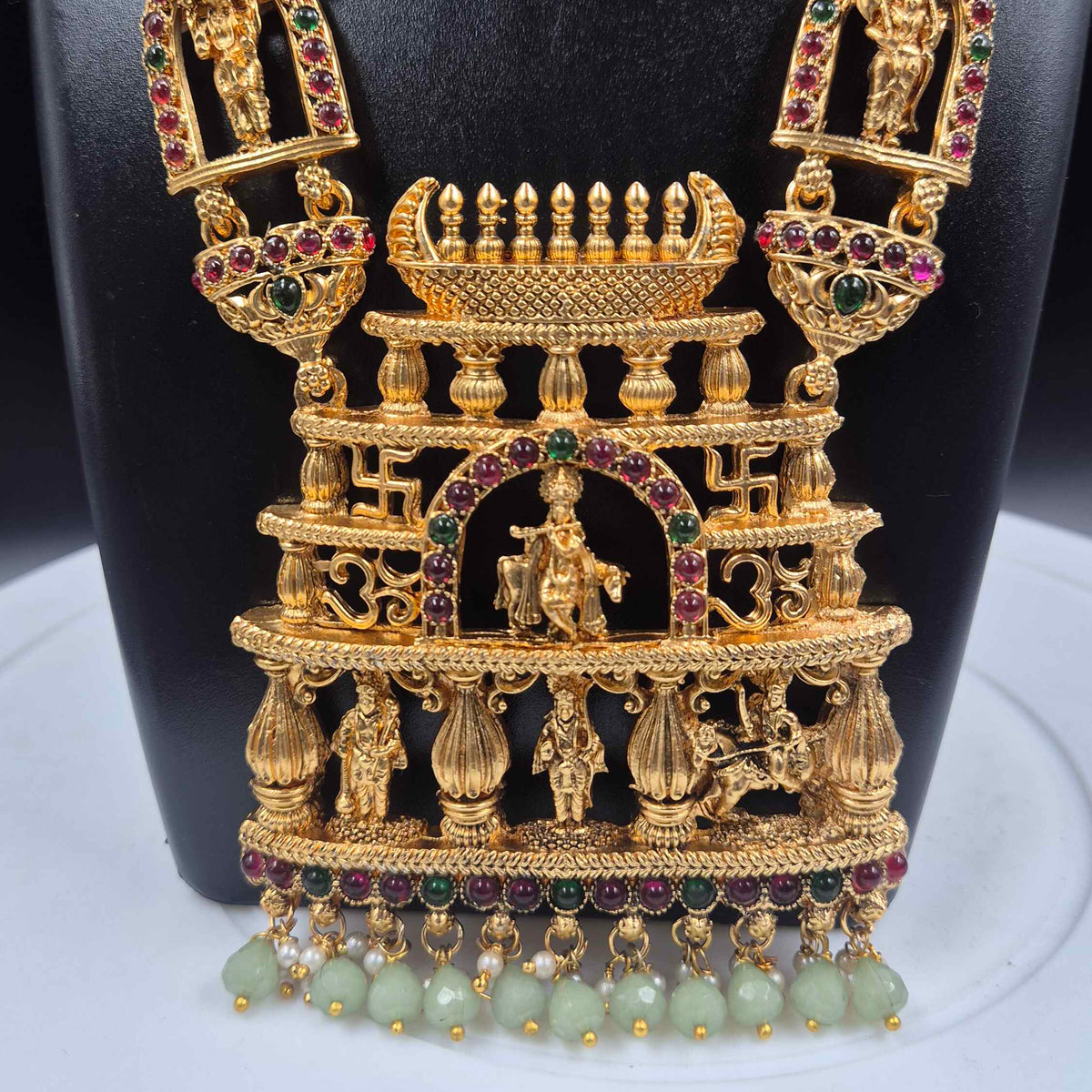 Grand Krishna Deity Temple pendant set with mint green beads and mugappu