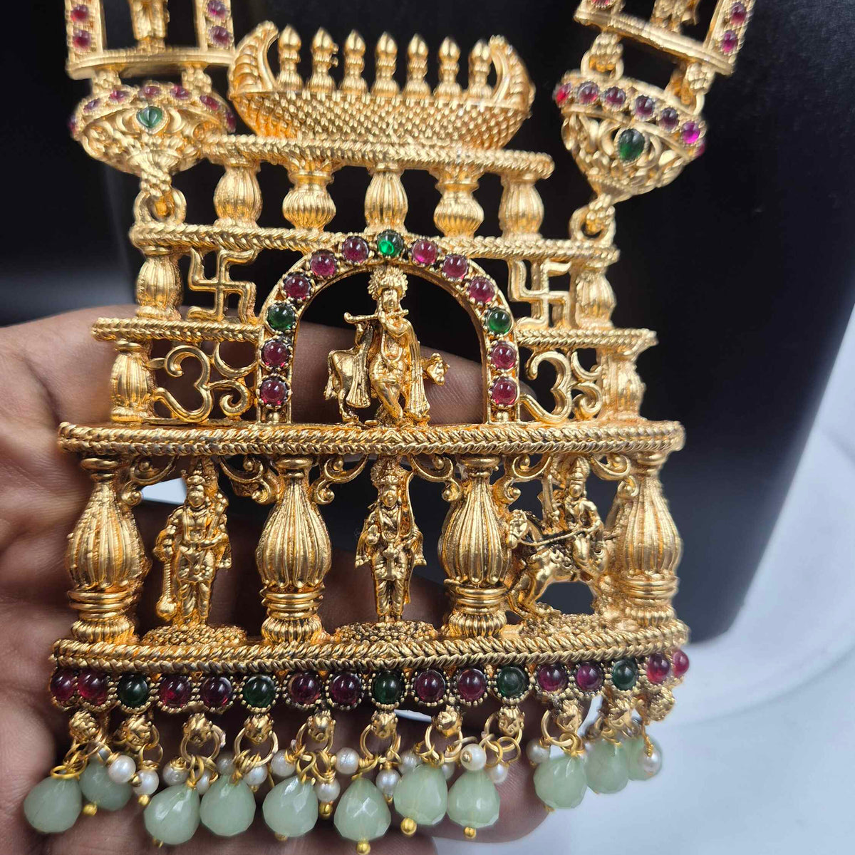Grand Krishna Deity Temple pendant set with mint green beads and mugappu