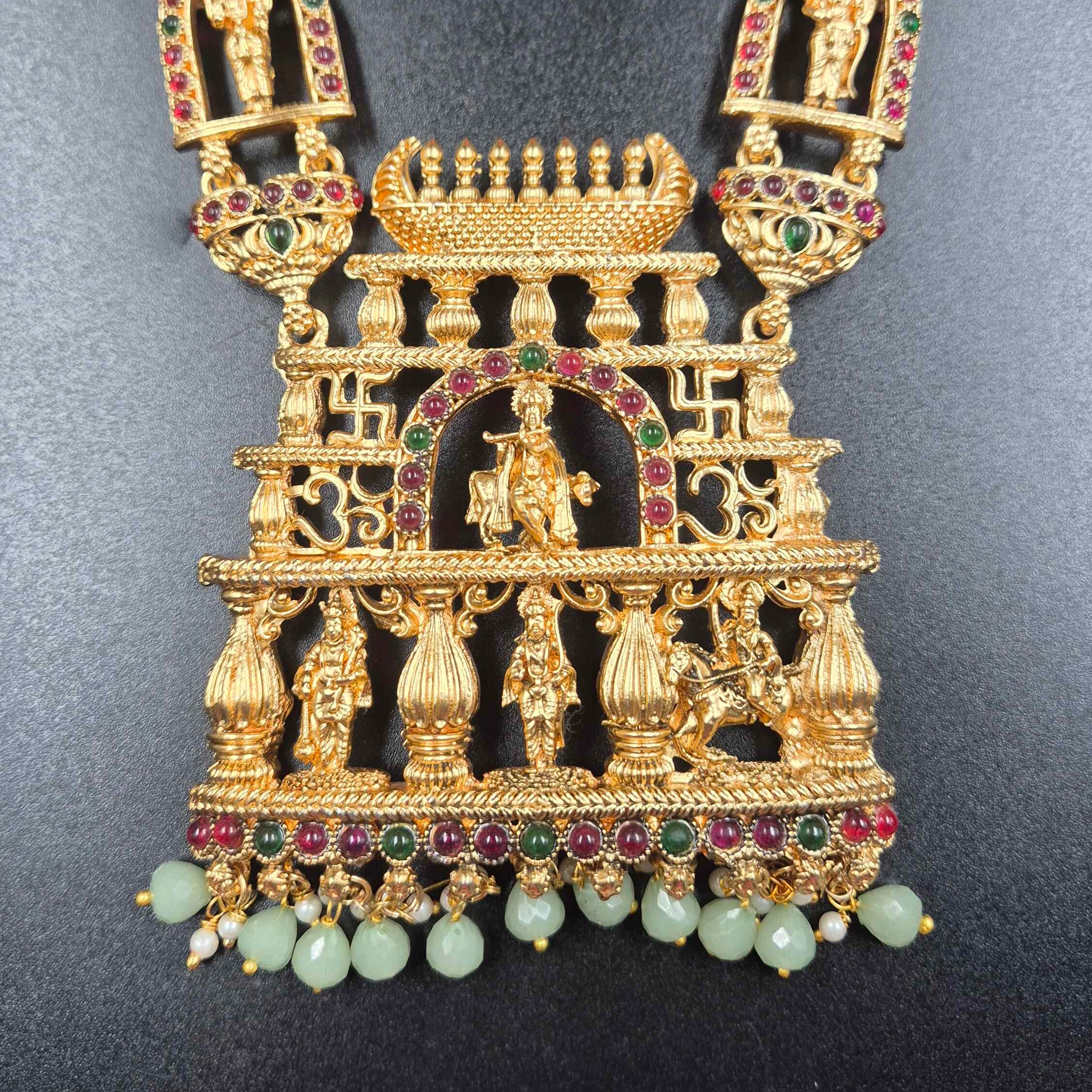 Grand Krishna Deity Temple pendant set with mint green beads and mugappu
