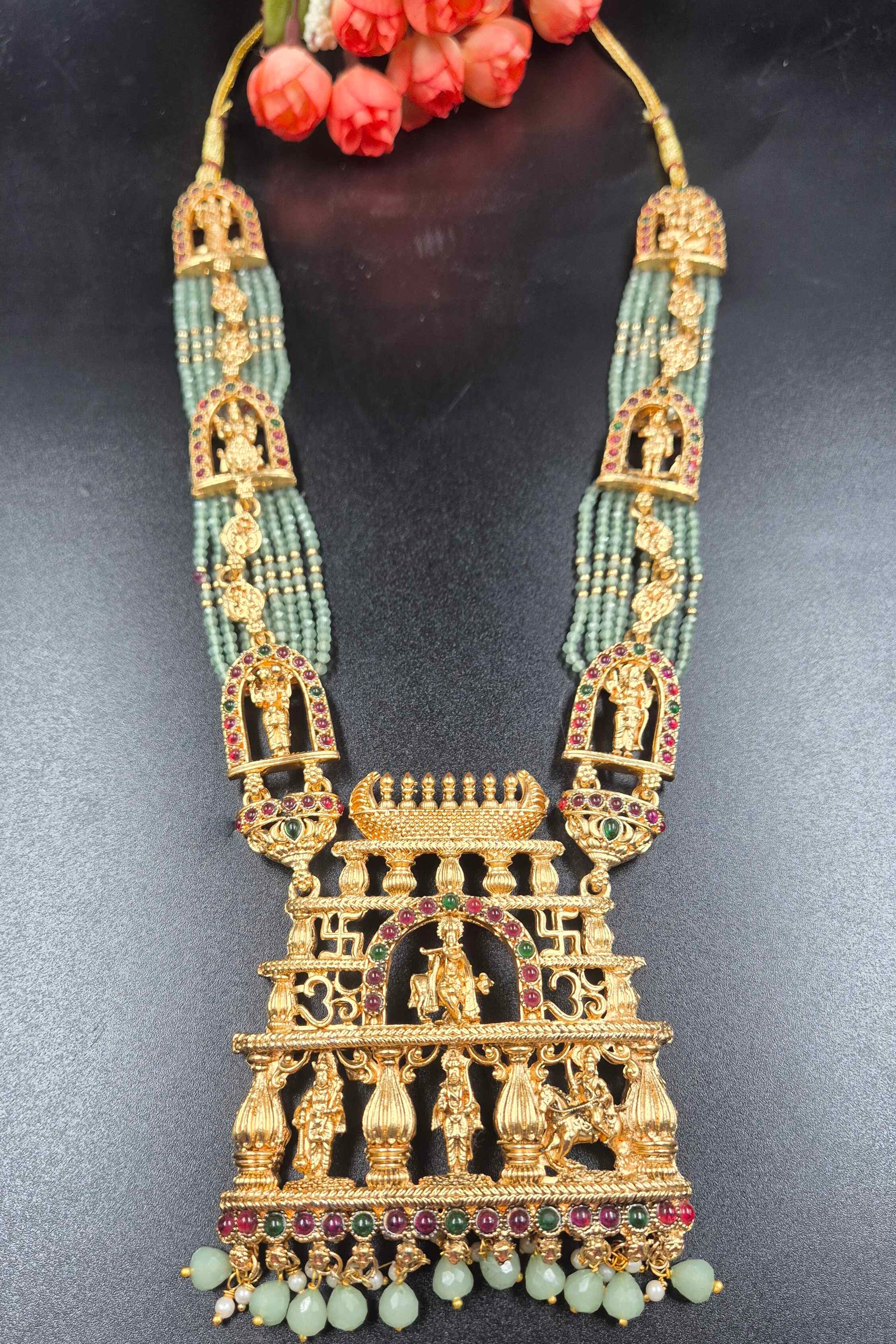 Grand Krishna Deity Temple pendant set with mint green beads and mugappu