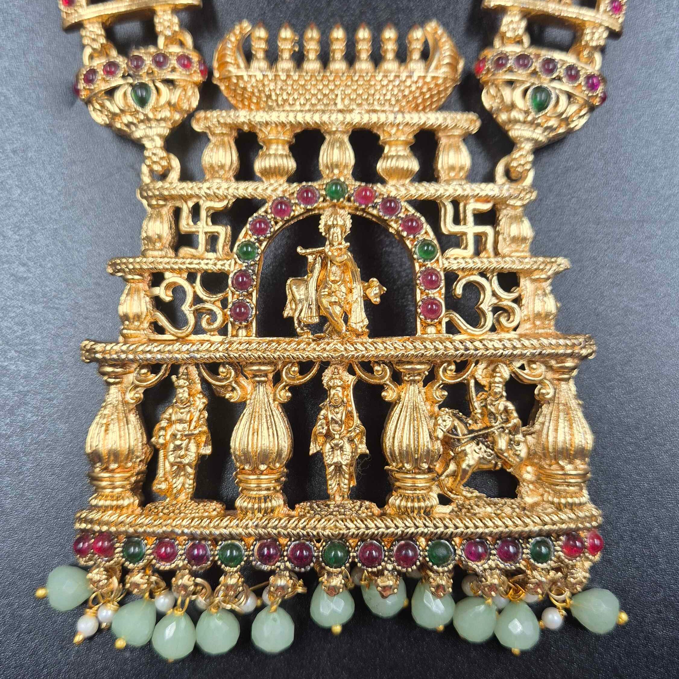 Grand Krishna Deity Temple pendant set with mint green beads and mugappu
