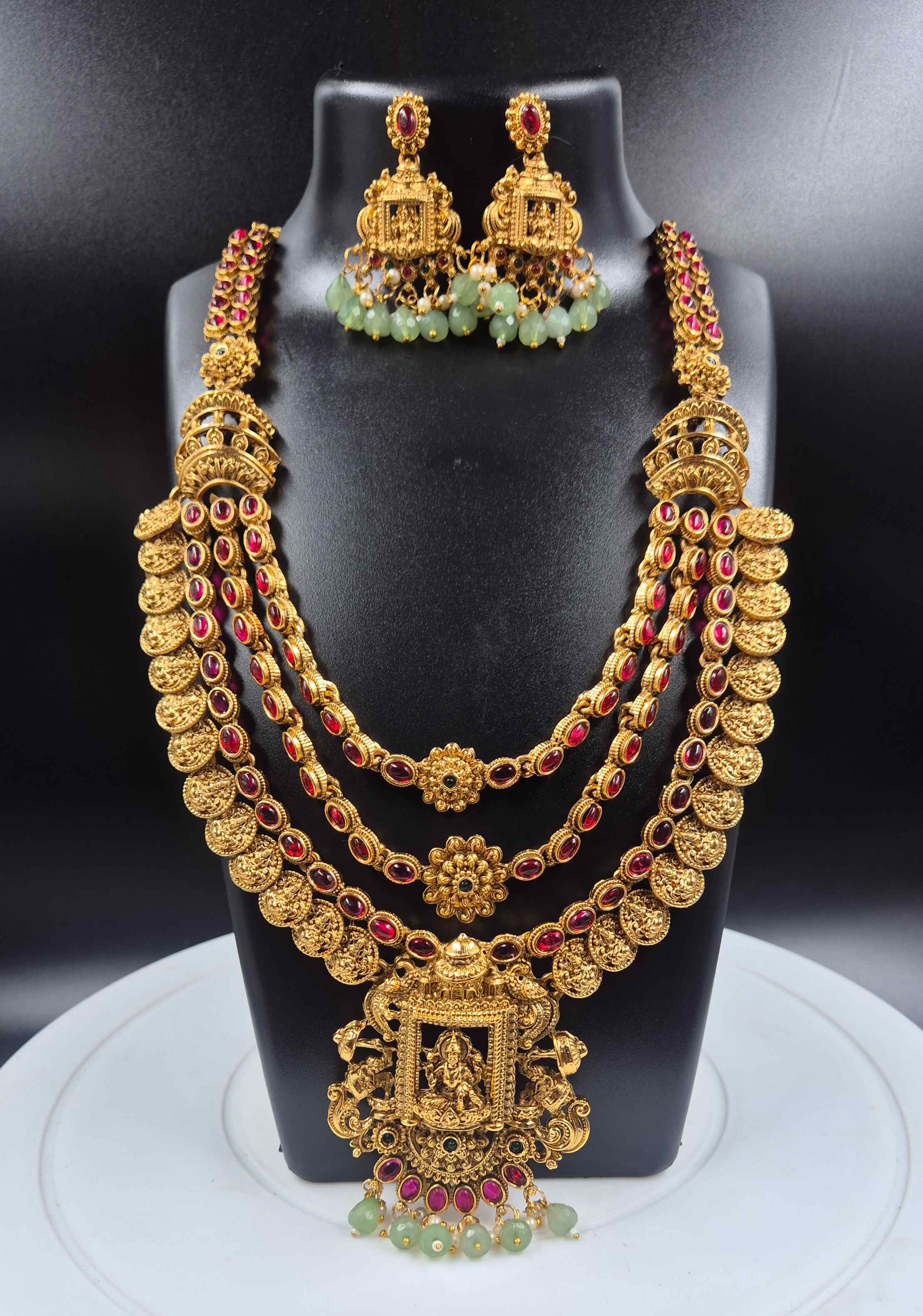 Traditional Step Haram Necklace Set |Bride and bridesmaid wear Ruby Stone Temple Jewellery