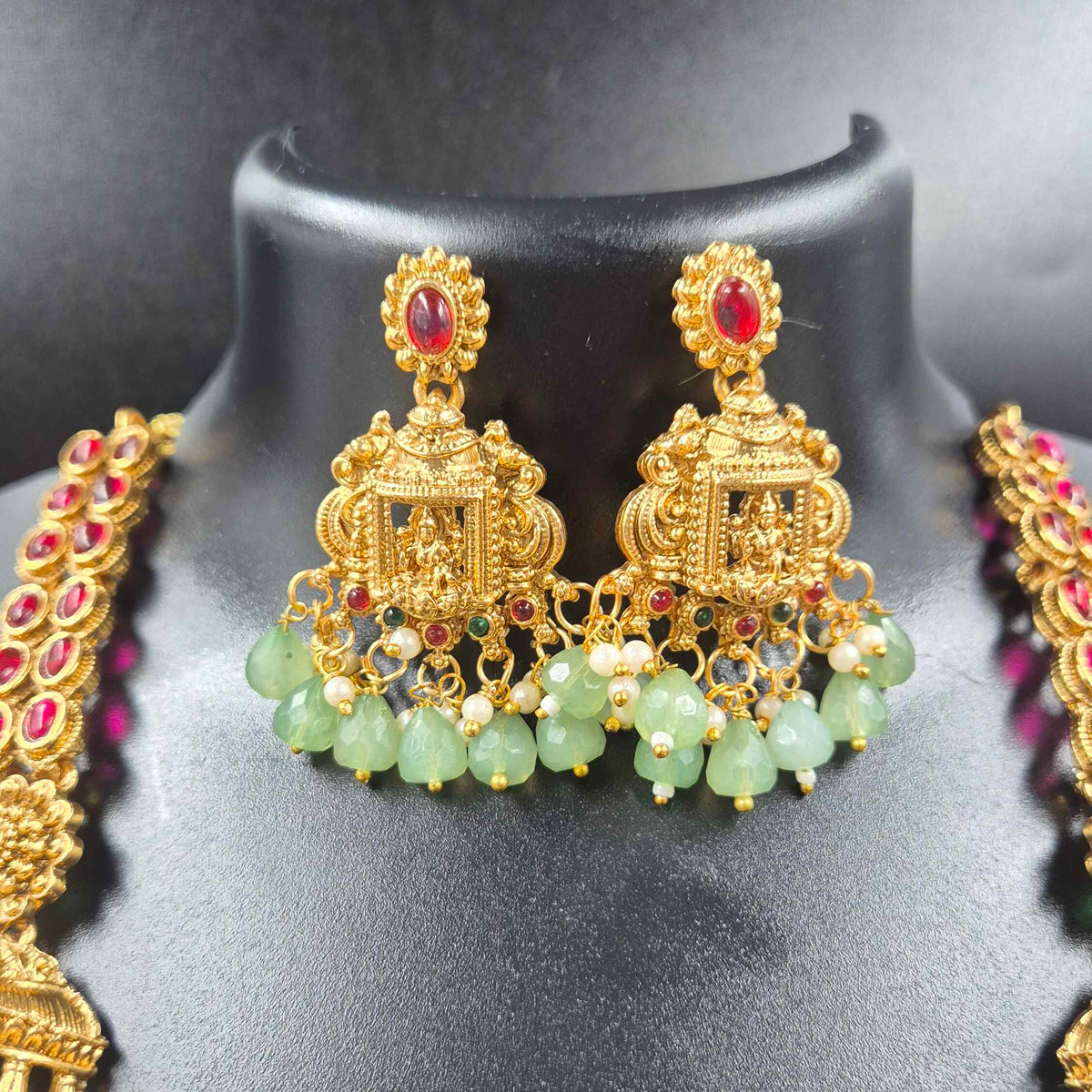 Traditional Step Haram Necklace Set |Bride and bridesmaid wear Ruby Stone Temple Jewellery
