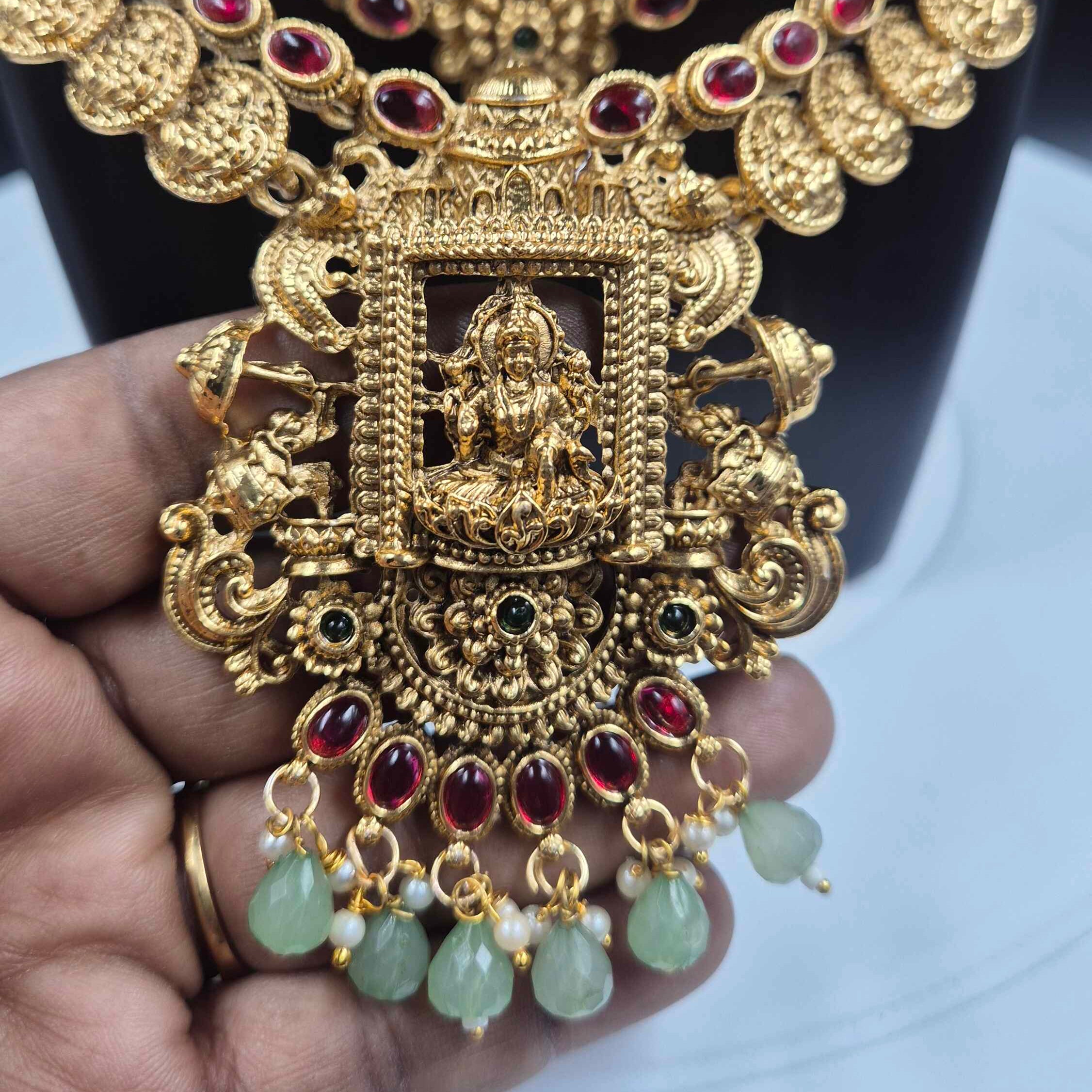 Traditional Step Haram Necklace Set |Bride and bridesmaid wear Ruby Stone Temple Jewellery