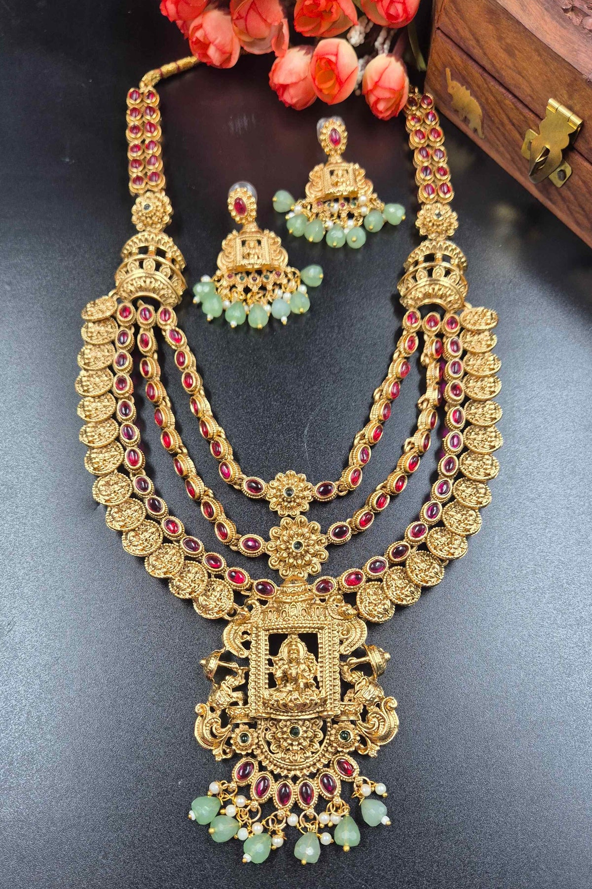 Traditional Step Haram Necklace Set |Bride and bridesmaid wear Ruby Stone Temple Jewellery
