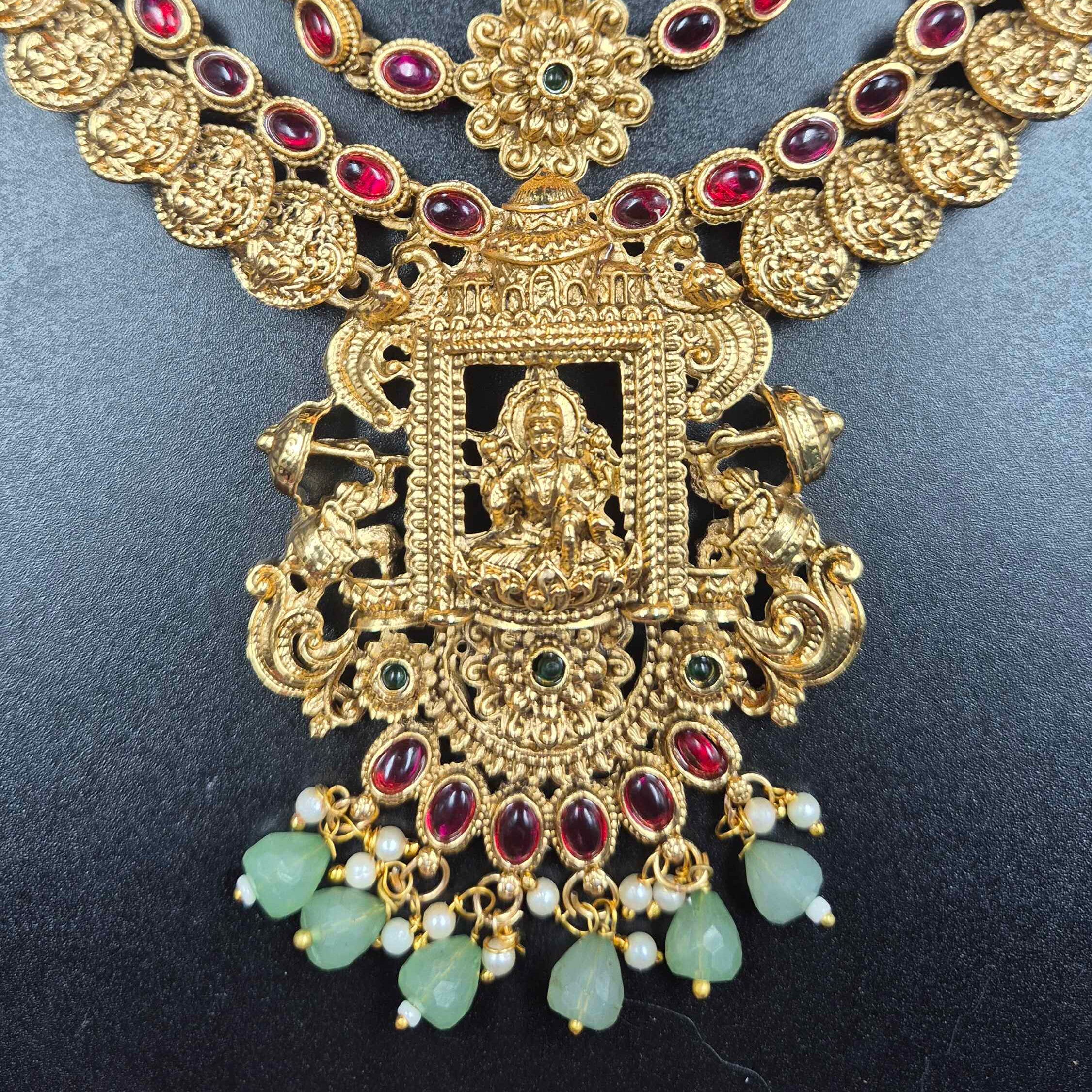 Traditional Step Haram Necklace Set |Bride and bridesmaid wear Ruby Stone Temple Jewellery