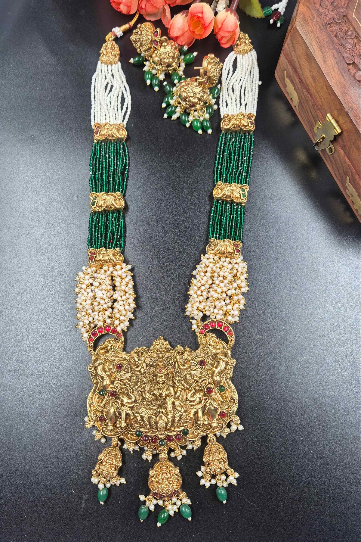 Grand Lakshmi Temple Haram with Green Crystal Beads | Pearl Jewellery