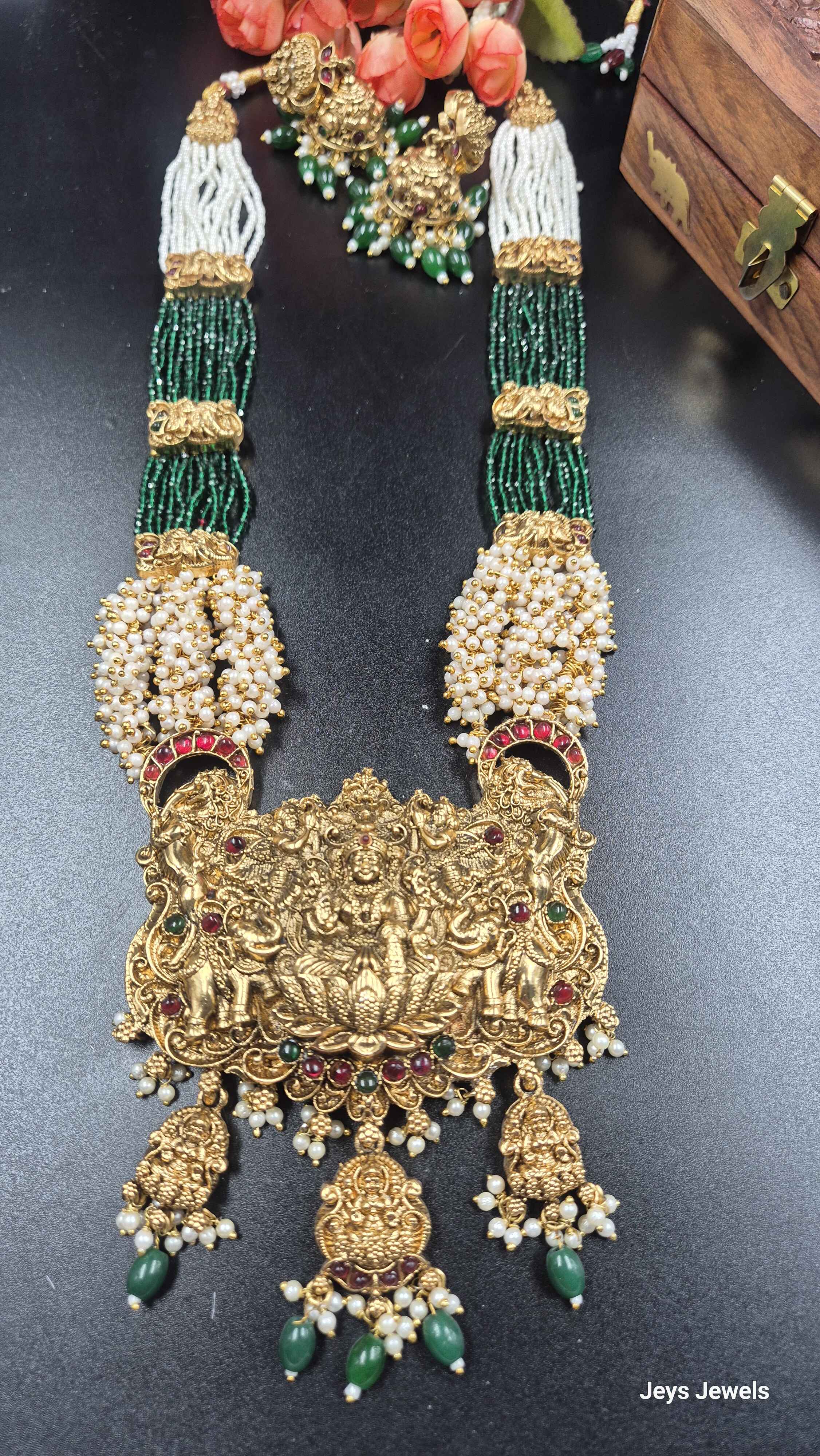 Grand Lakshmi Temple Haram with Green Crystal Beads | Pearl Jewellery