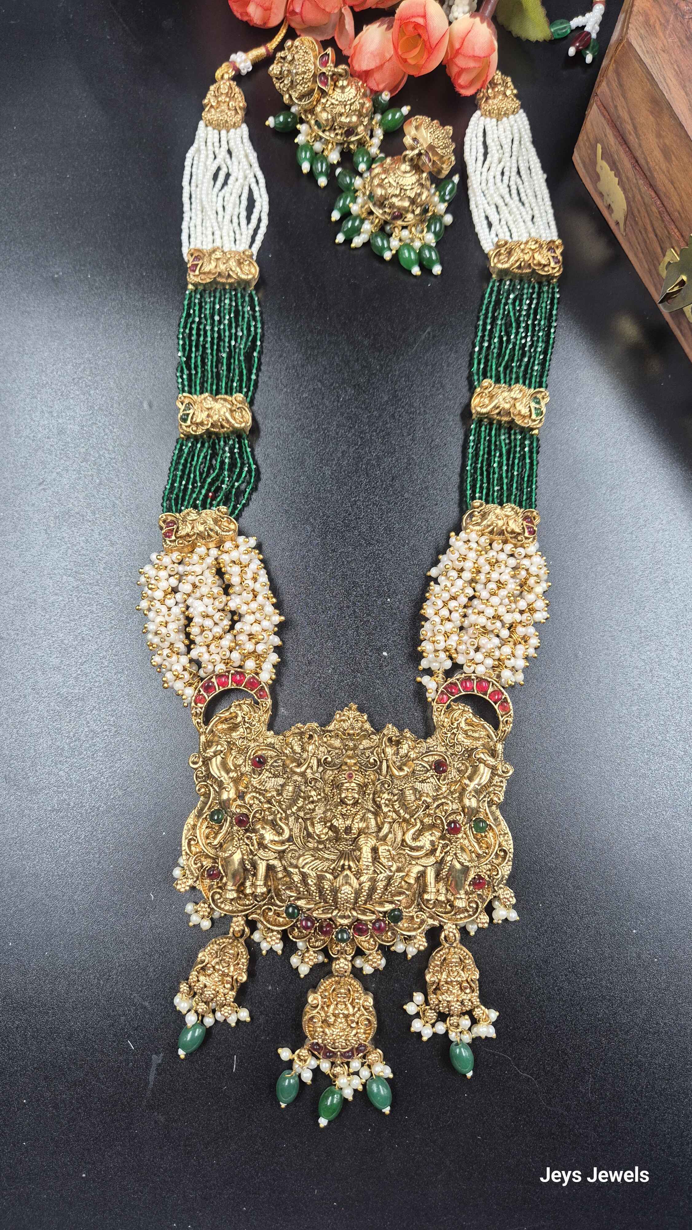 Grand Lakshmi Temple Haram with Green Crystal Beads | Pearl Jewellery