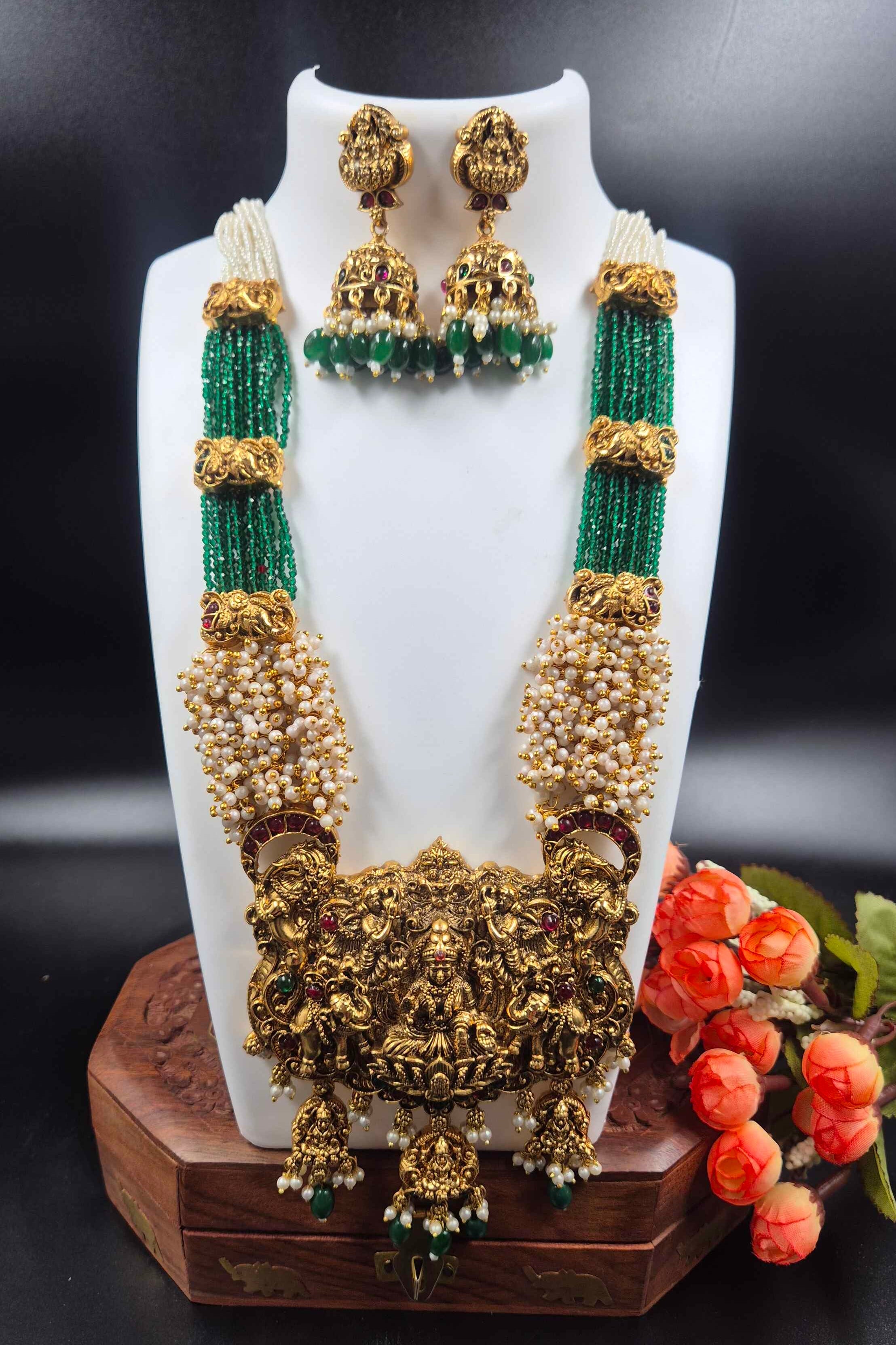 Grand Lakshmi Temple Haram with Green Crystal Beads | Pearl Jewellery