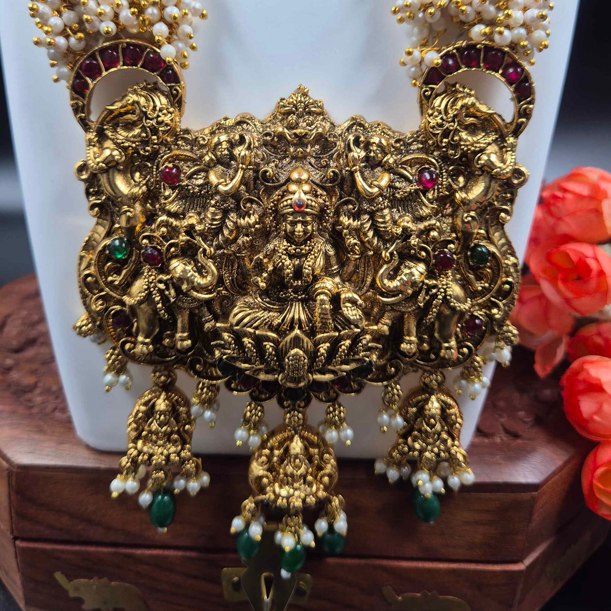 Grand Lakshmi Temple Haram with Green Crystal Beads | Pearl Jewellery