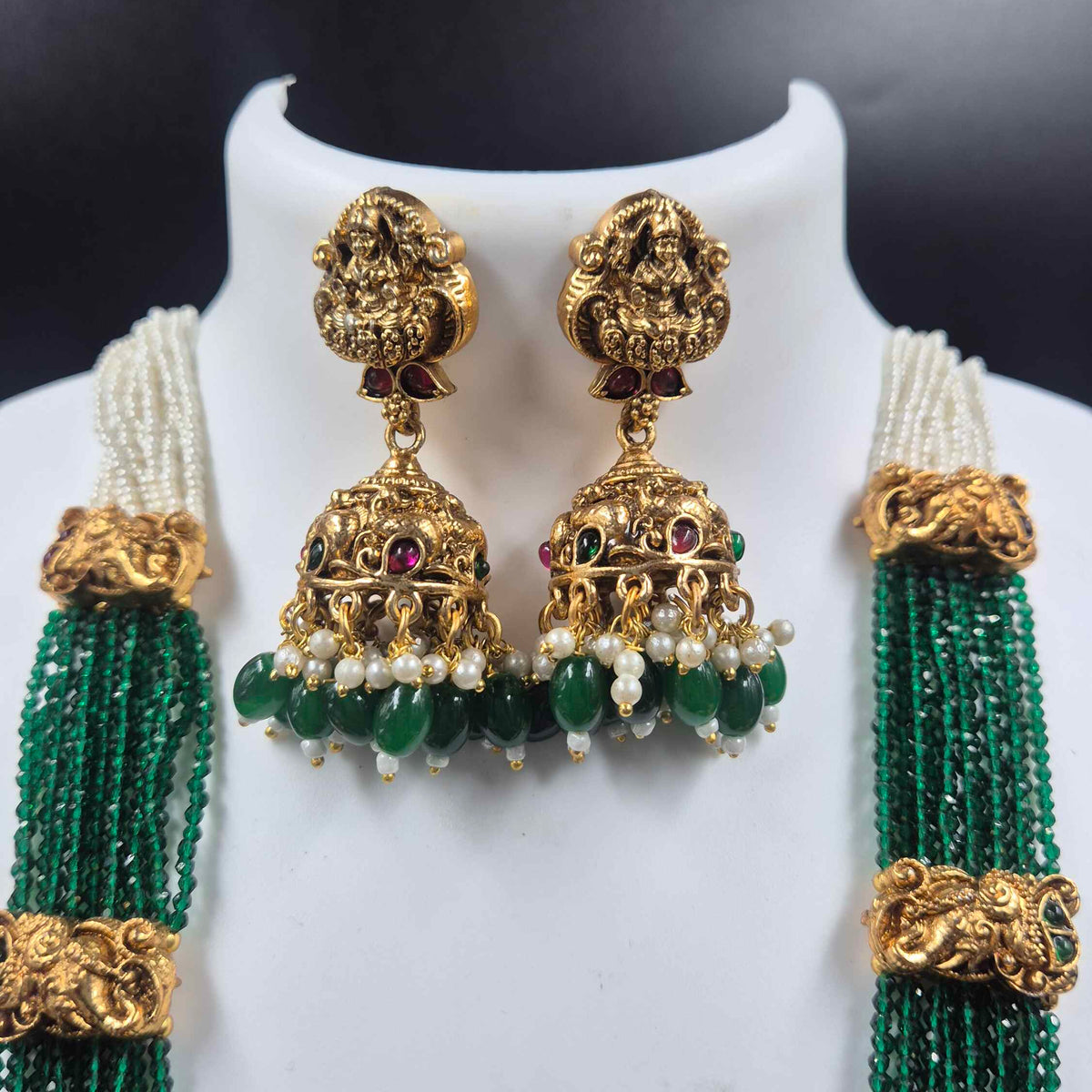 Grand Lakshmi Temple Haram with Green Crystal Beads | Pearl Jewellery