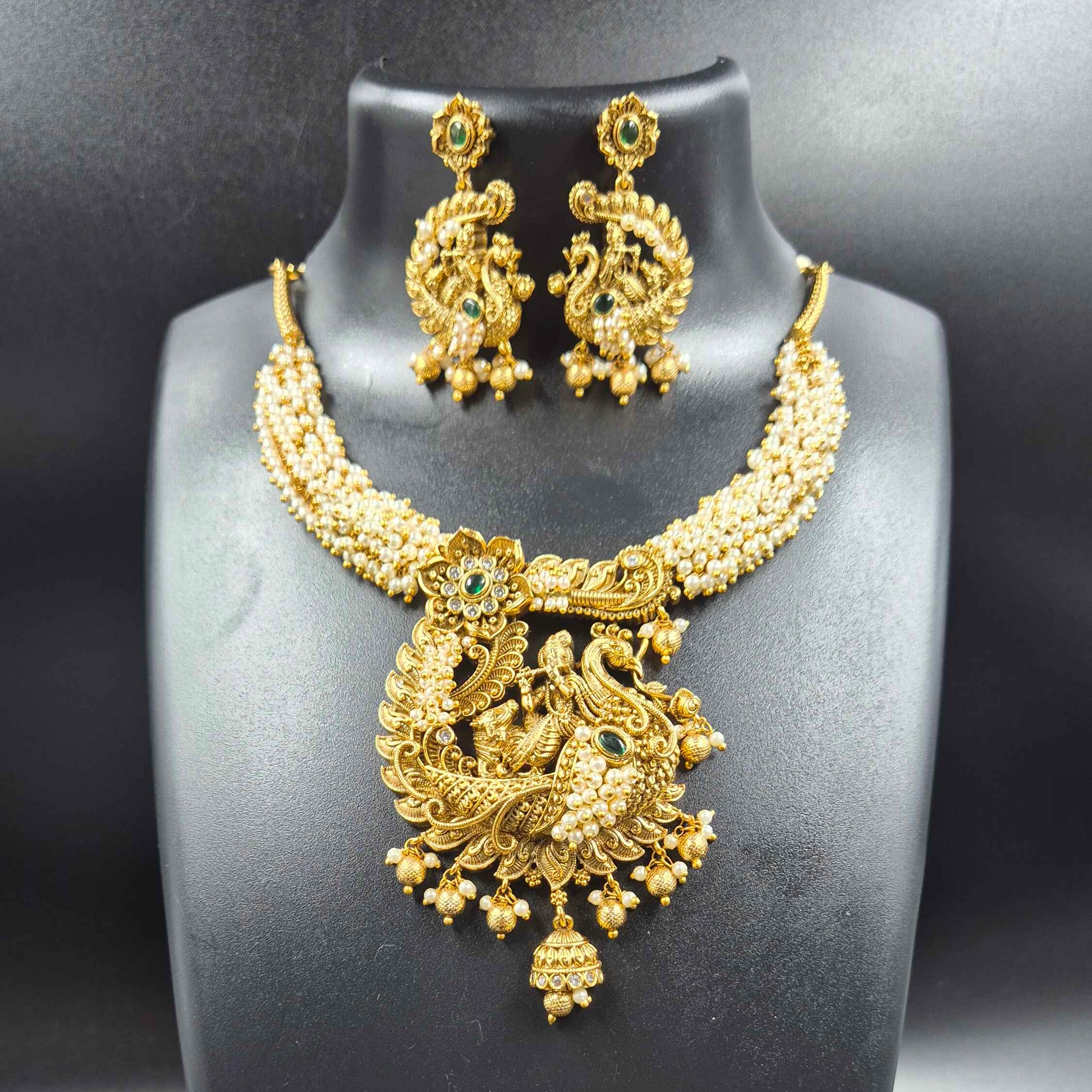 Krishna on Peacock Pendant ,with pearls, Necklace Set
