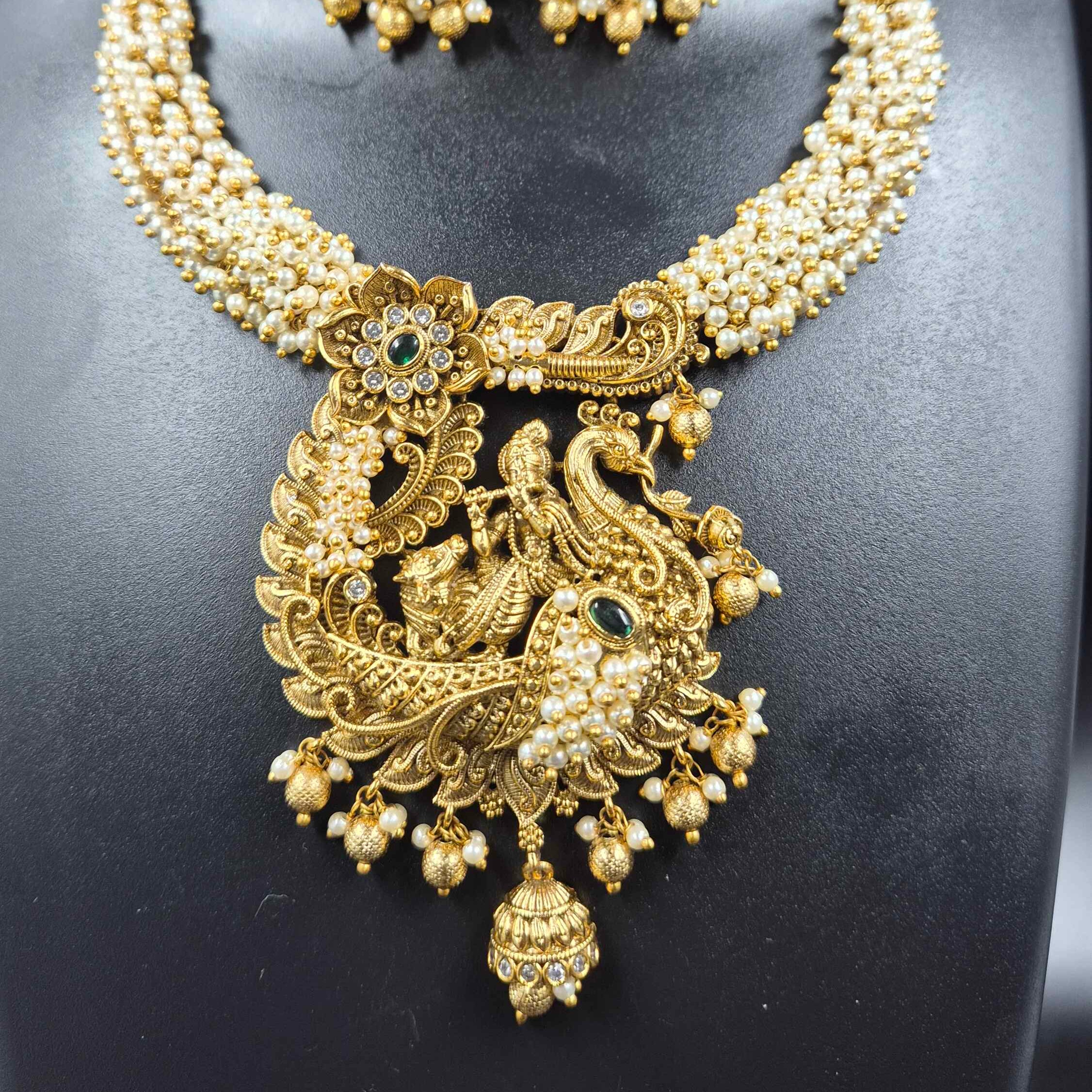 Krishna on Peacock Pendant ,with pearls, Necklace Set