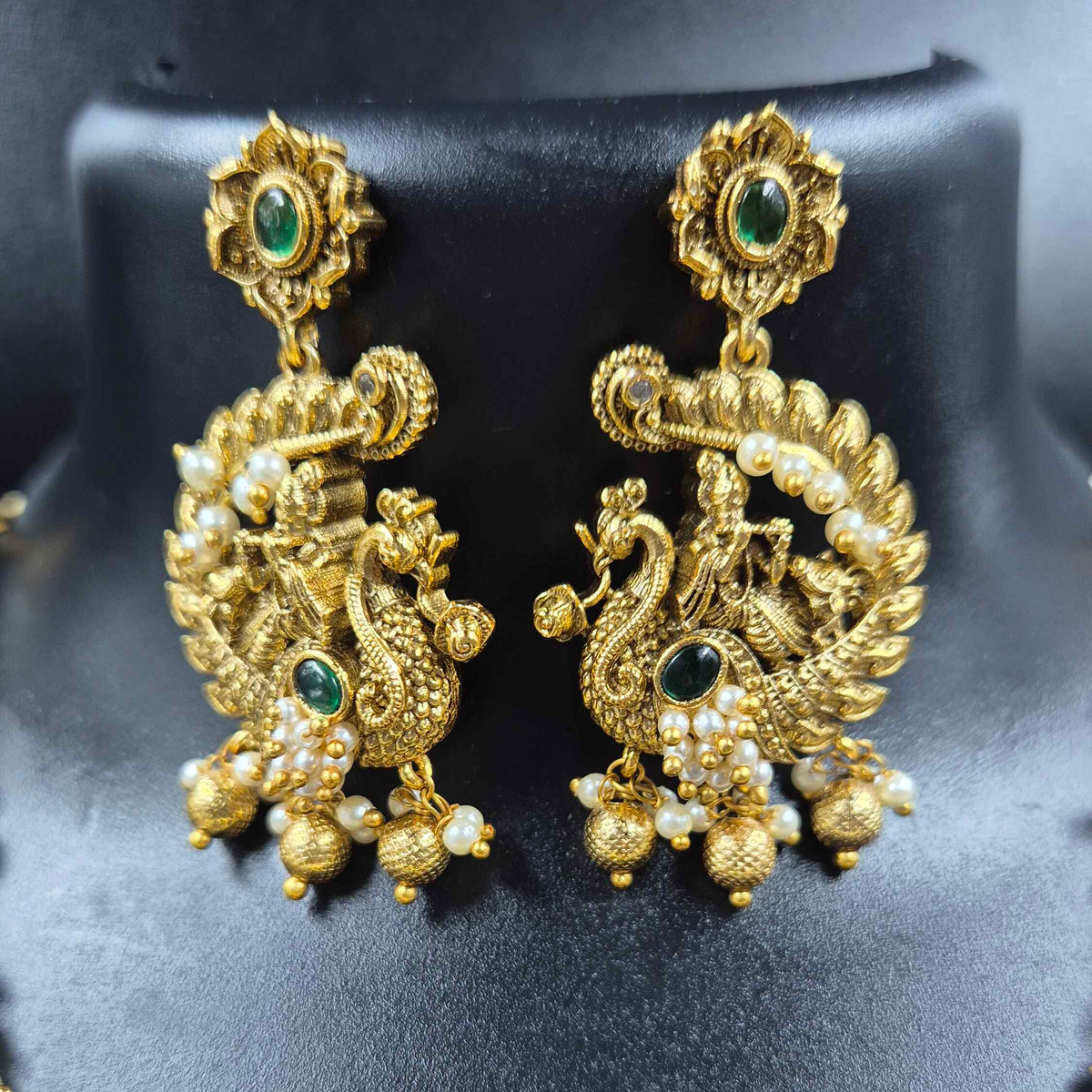 Krishna on Peacock Pendant ,with pearls, Necklace Set