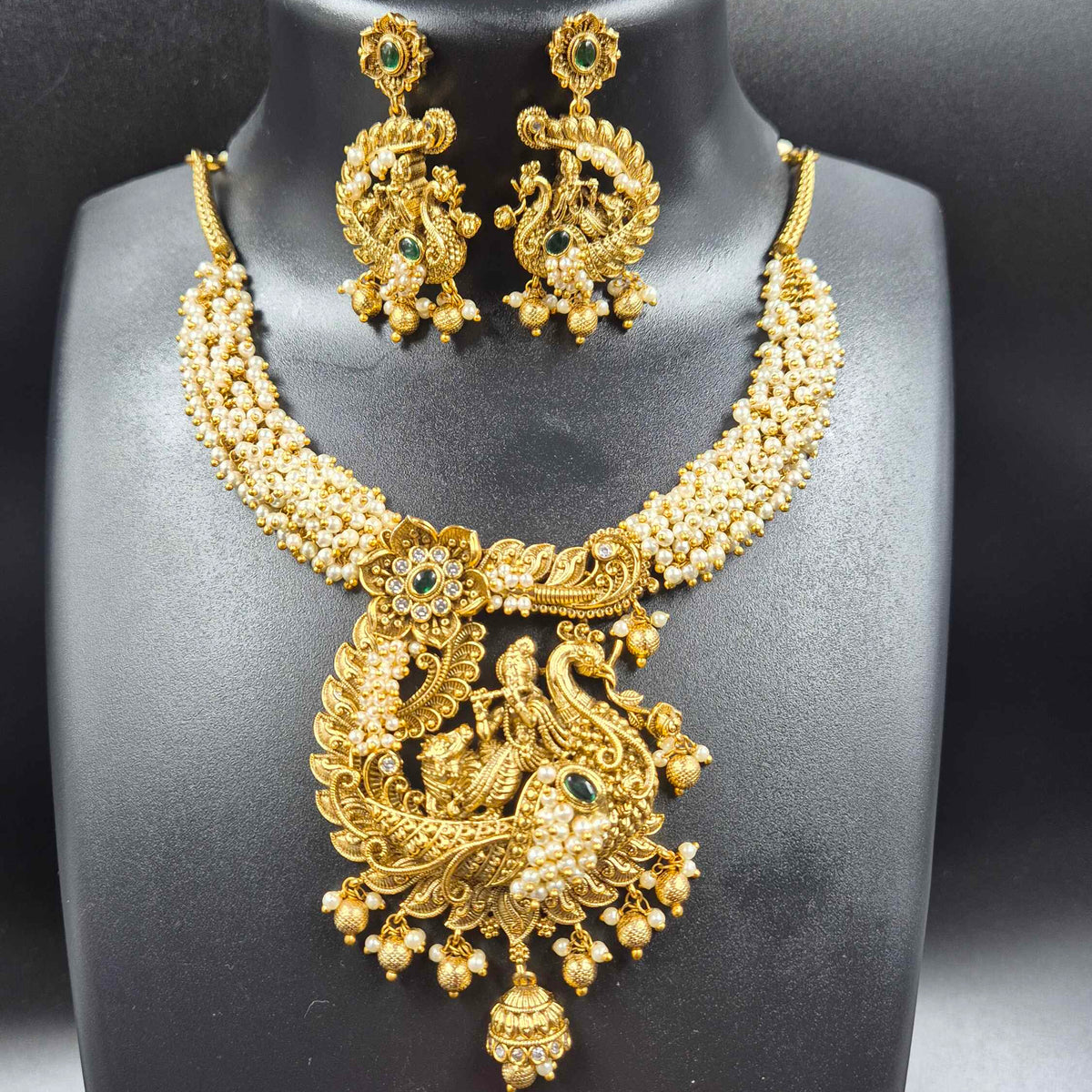 Krishna on Peacock Pendant ,with pearls, Necklace Set