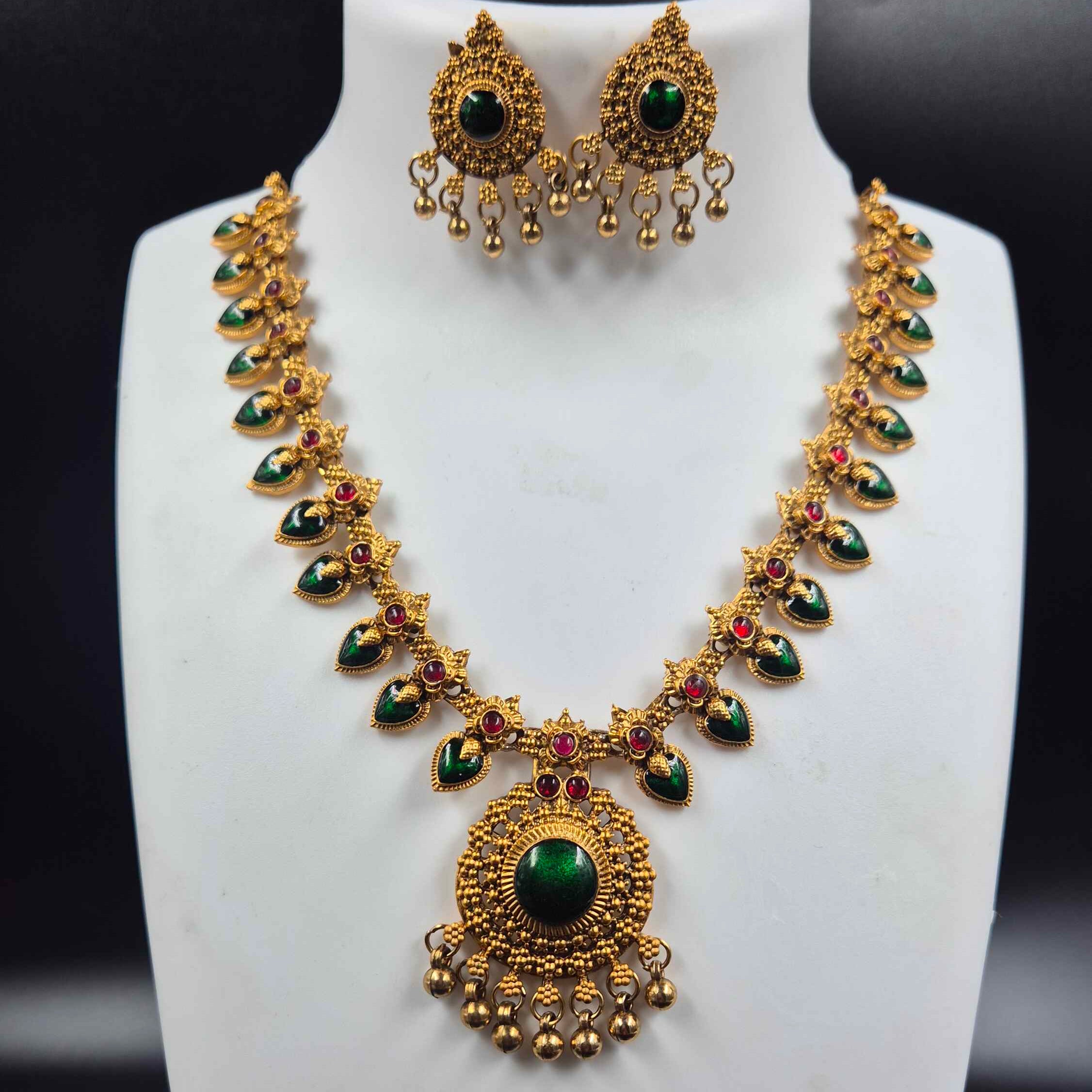 Green Pallakka Necklace Set with Ruby Accents | Kerala Jewellery