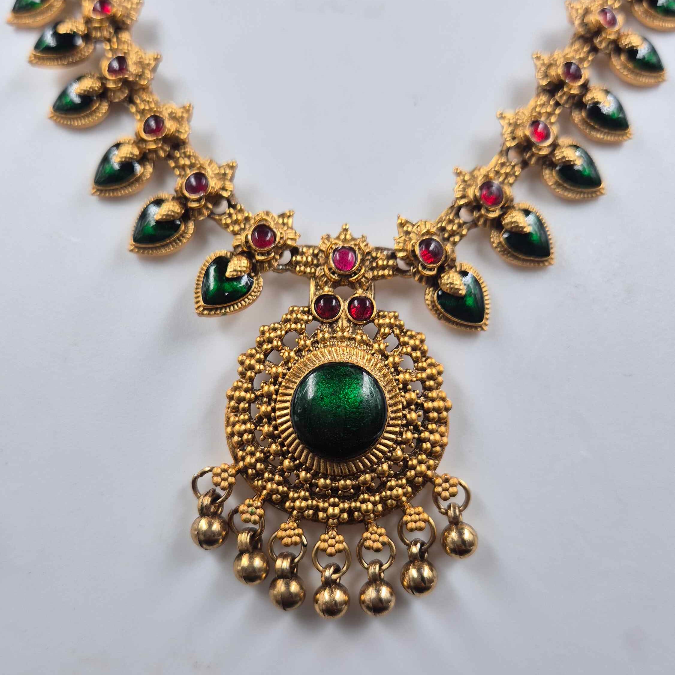 Green Pallakka Necklace Set with Ruby Accents | Kerala Jewellery