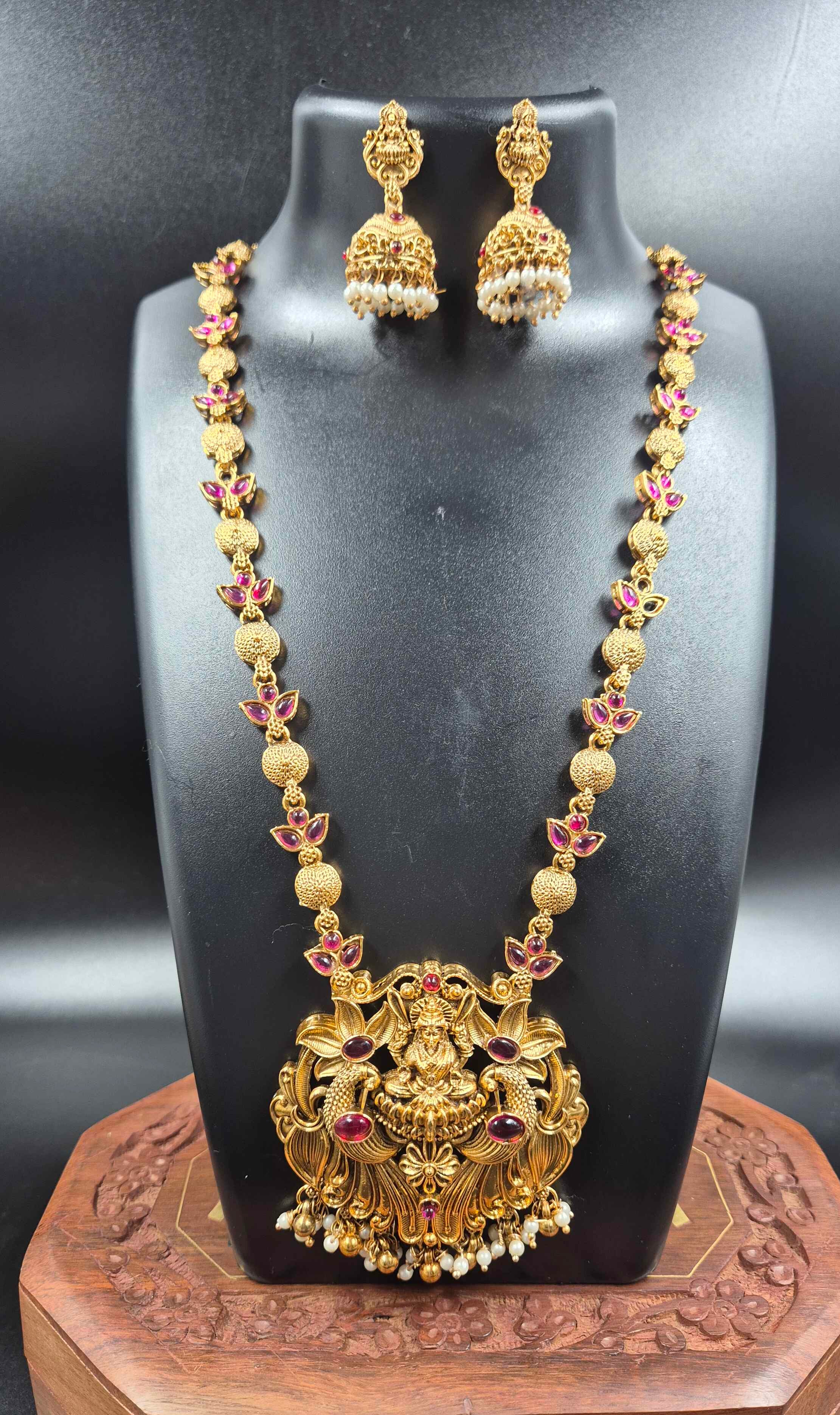 Lakshmi Lotus Temple Necklace Set | Ruby Pink Gold Finish Jewellery