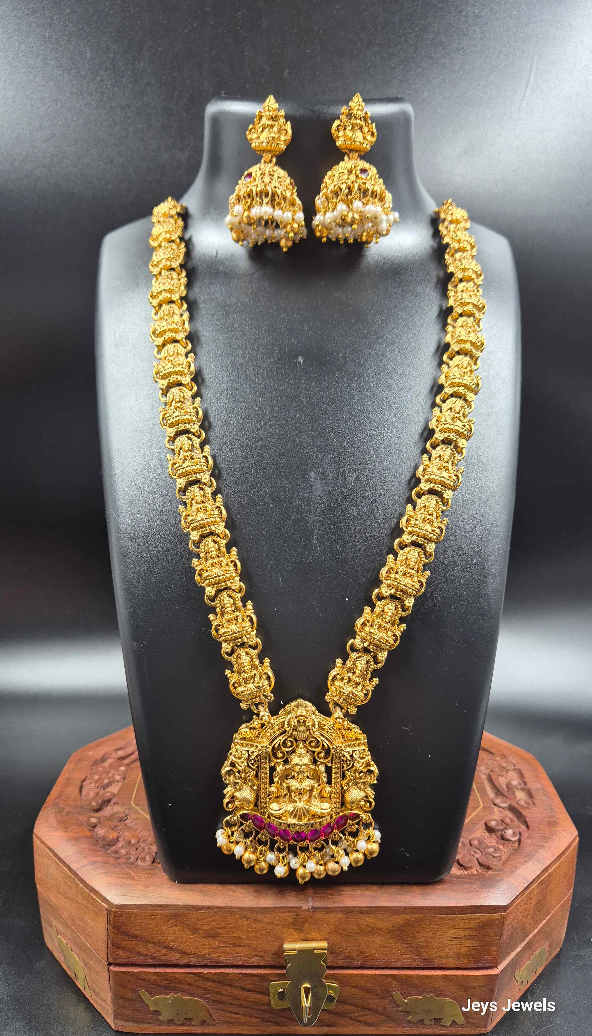 Lakshmi Devi Long Haram Necklace Set with Jhumka Earrings