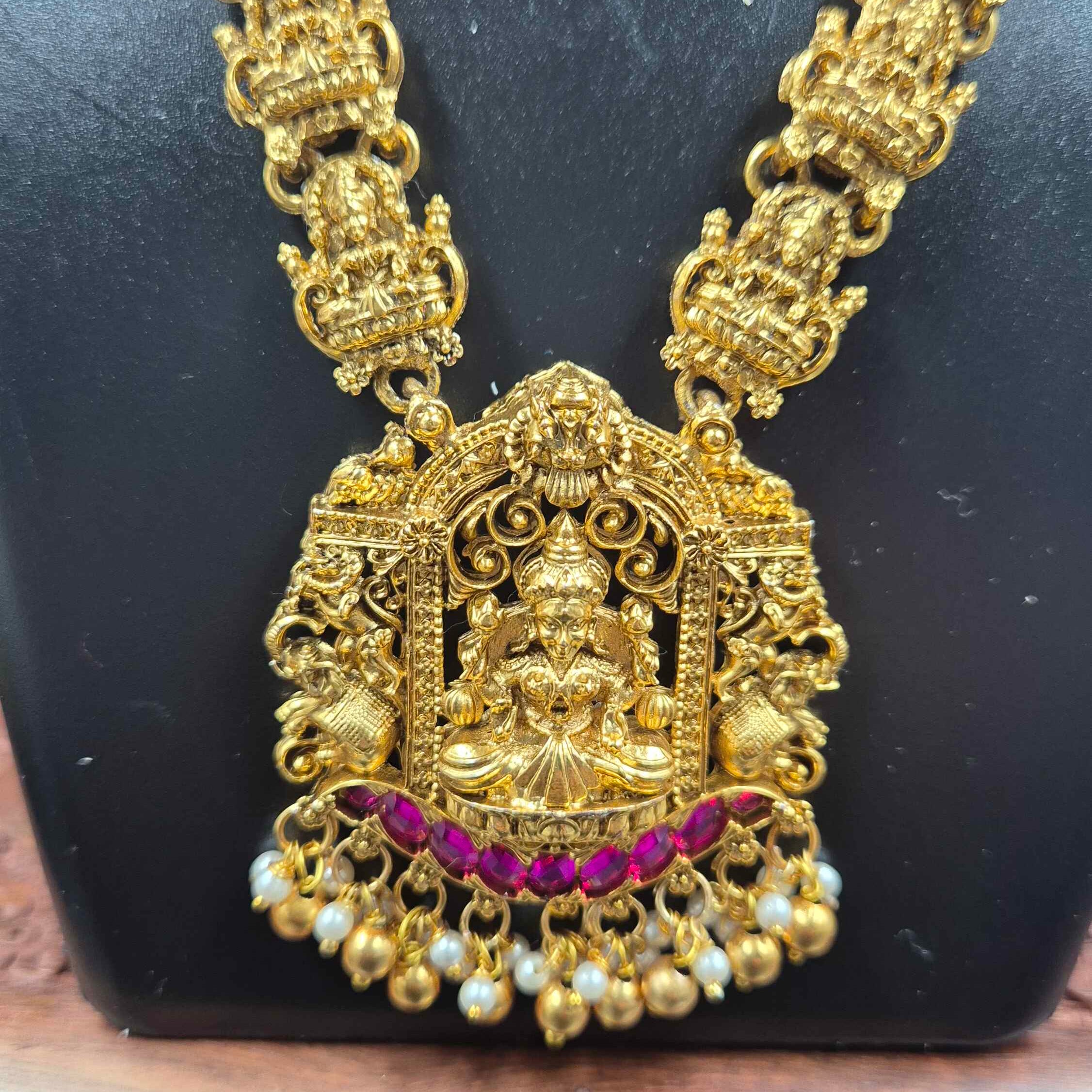 Lakshmi Devi Long Haram Necklace Set with Jhumka Earrings