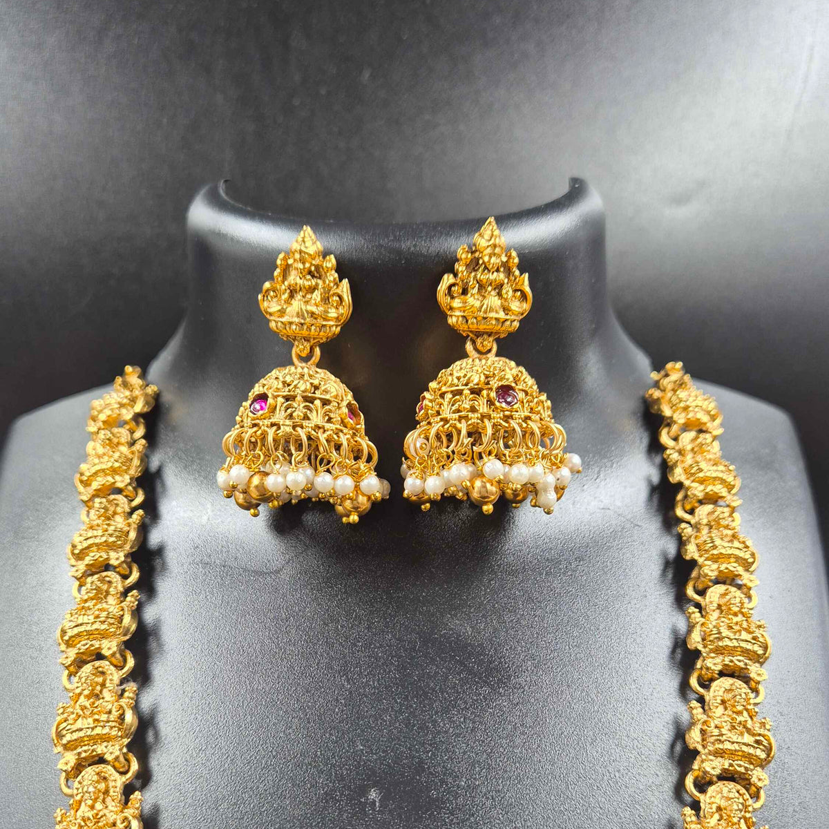 Lakshmi Devi Long Haram Necklace Set with Jhumka Earrings