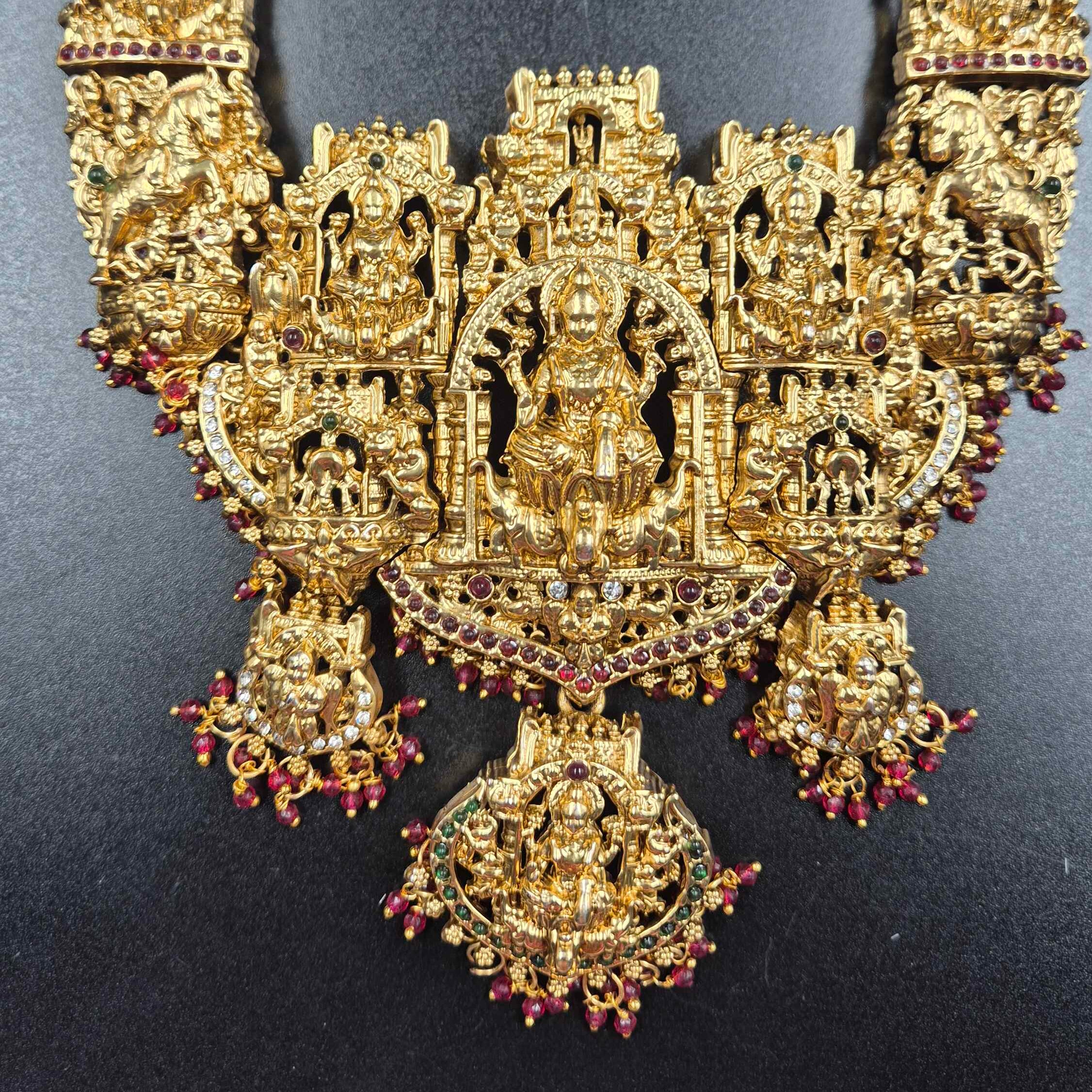 Grand Lakshmi Temple haram Set  with maroon beads| Traditional Bridal Jewellery
