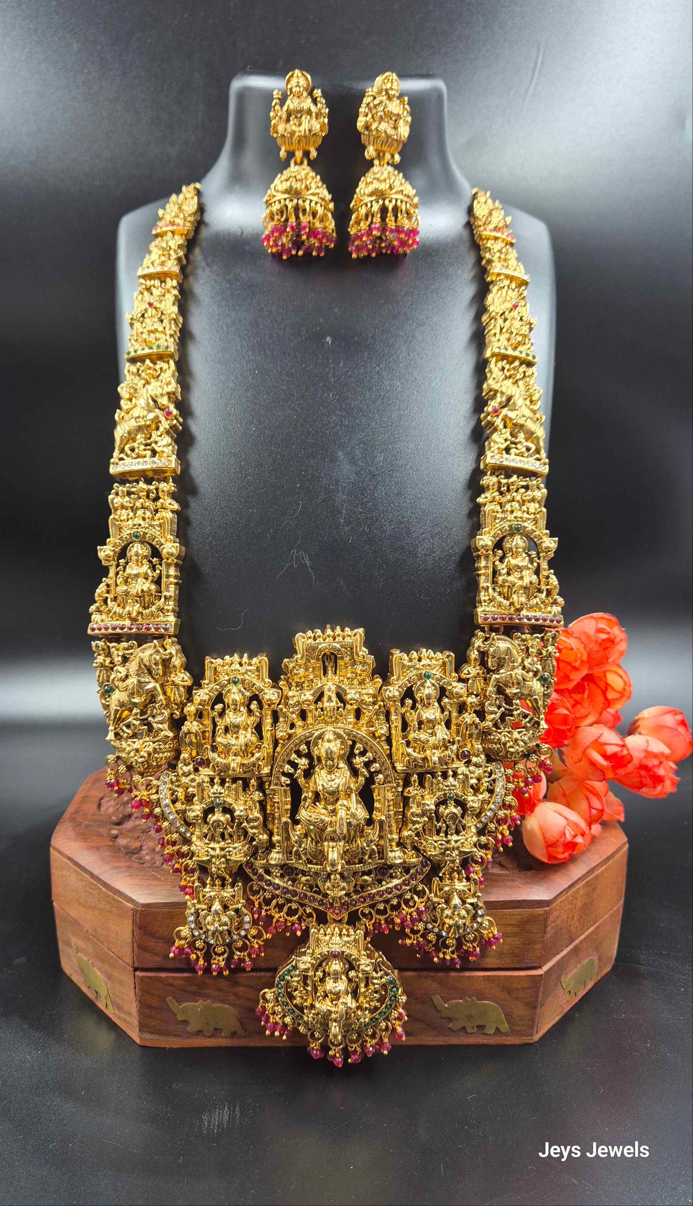 Grand Lakshmi Temple haram Set  with maroon beads| Traditional Bridal Jewellery