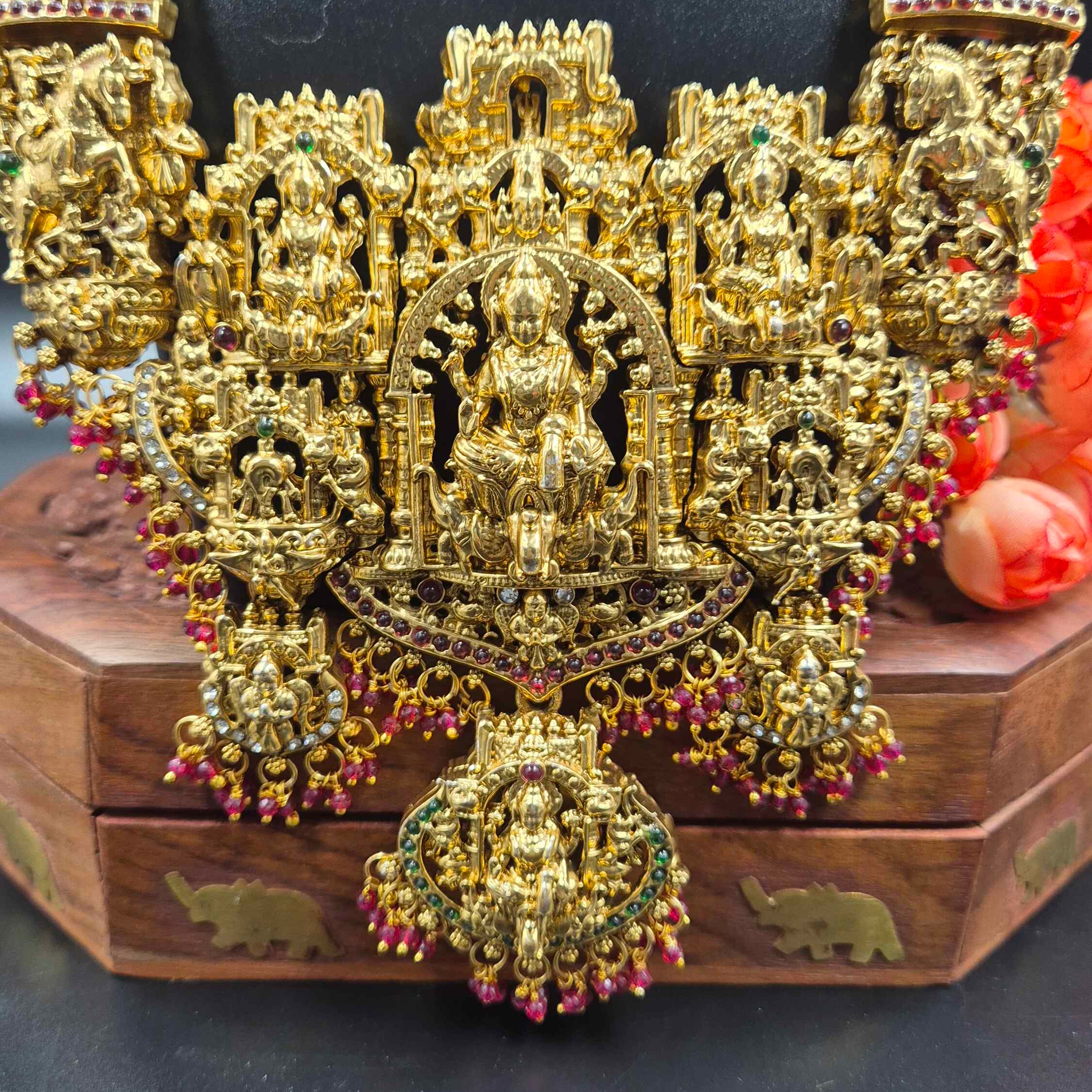 Grand Lakshmi Temple haram Set  with maroon beads| Traditional Bridal Jewellery